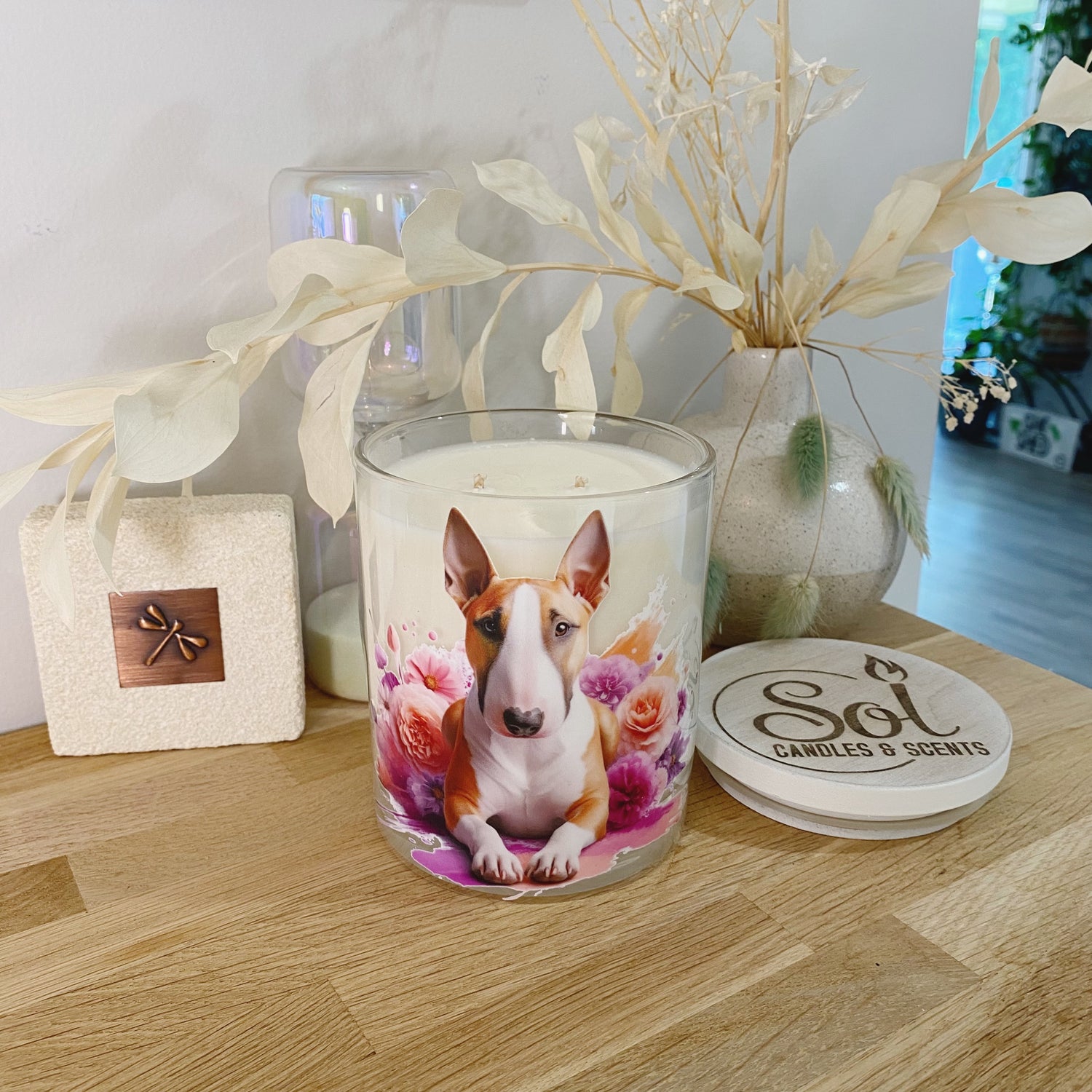 Bull Terrier Dog Peach Floral Xlarge Candle_Refillable_Made in Australia