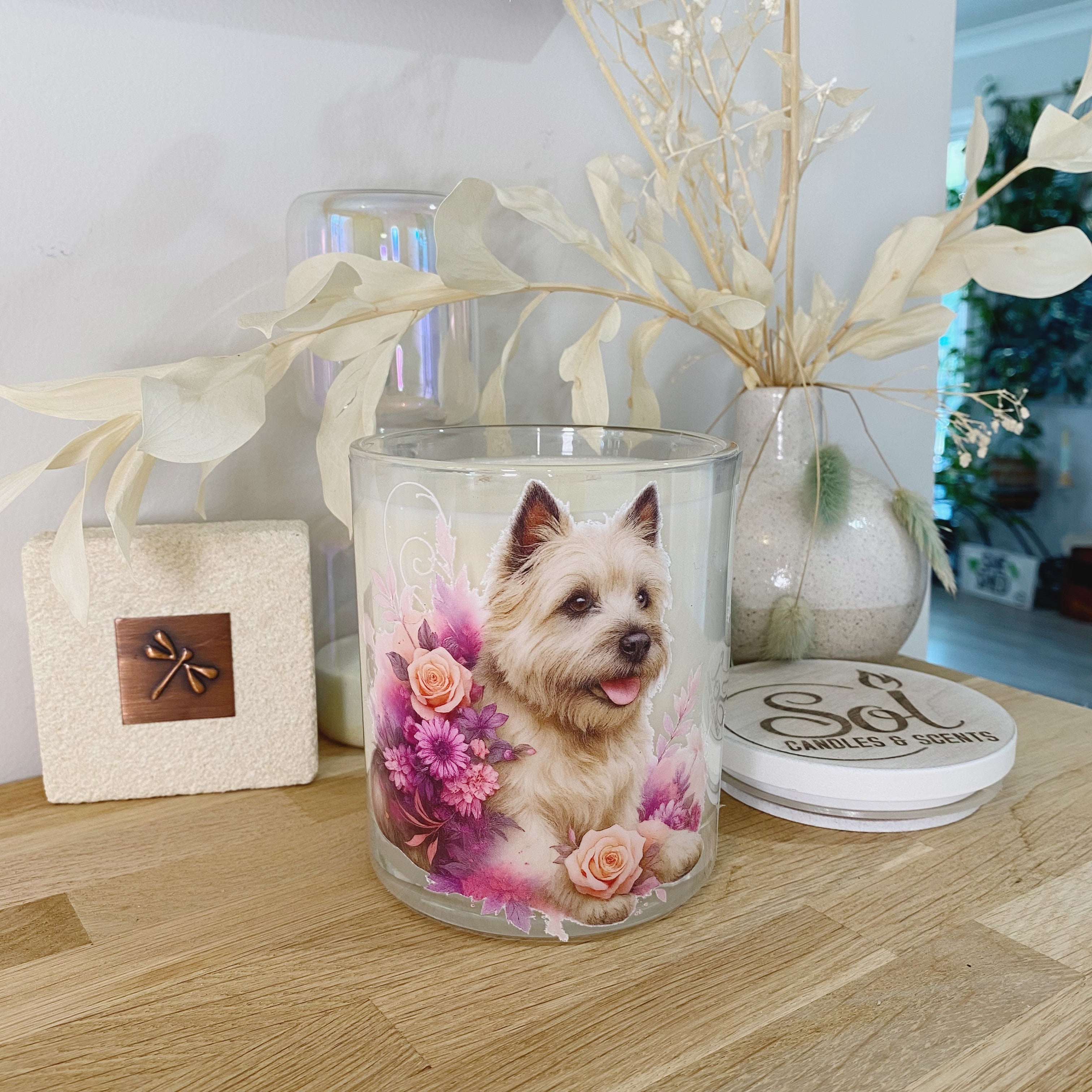 Cairn Terrier Peach Roses Xlarge Candle_Sol Candles &amp; Scents