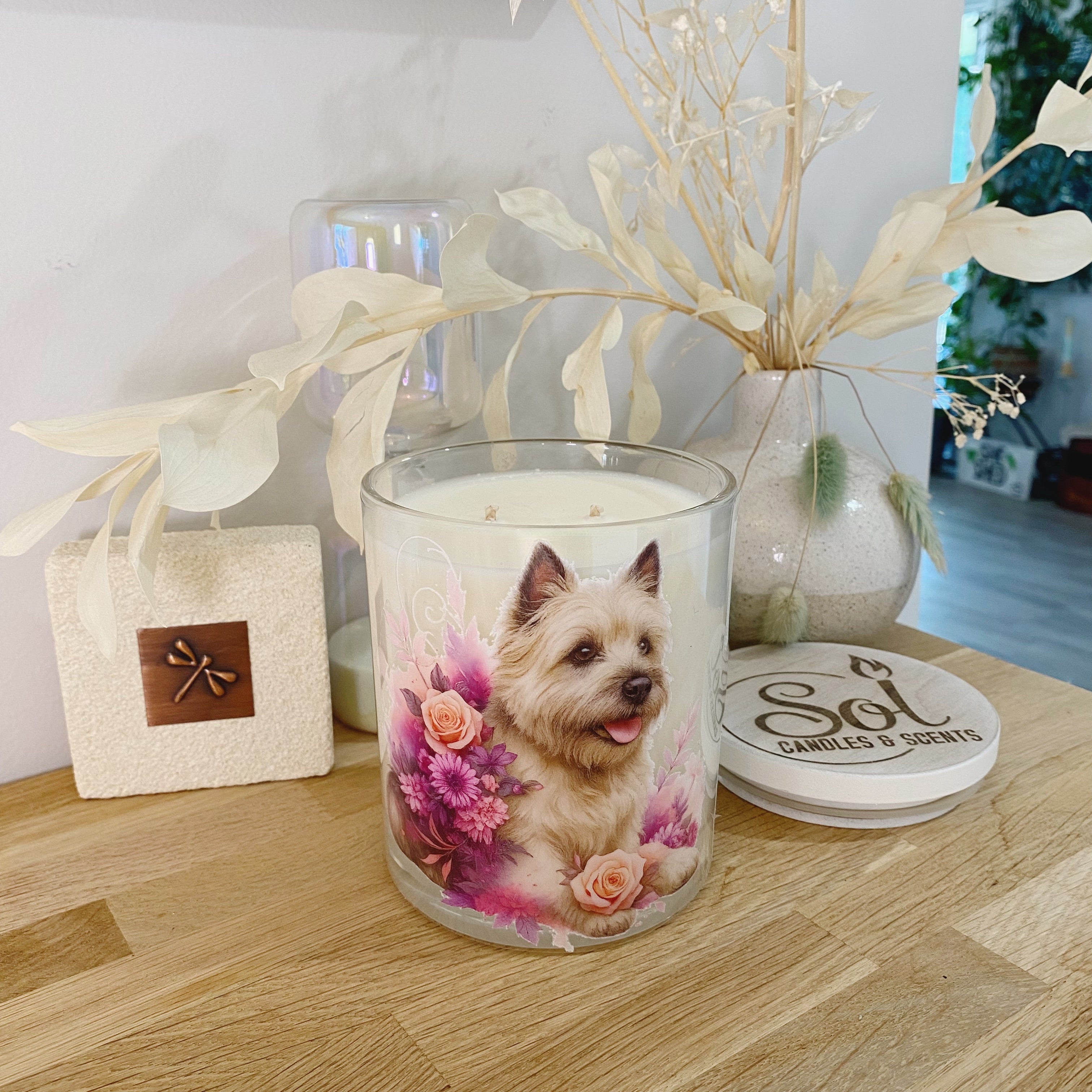 Cairn Terrier Dog Peach Roses Xlarge Candle_Made in Queensland