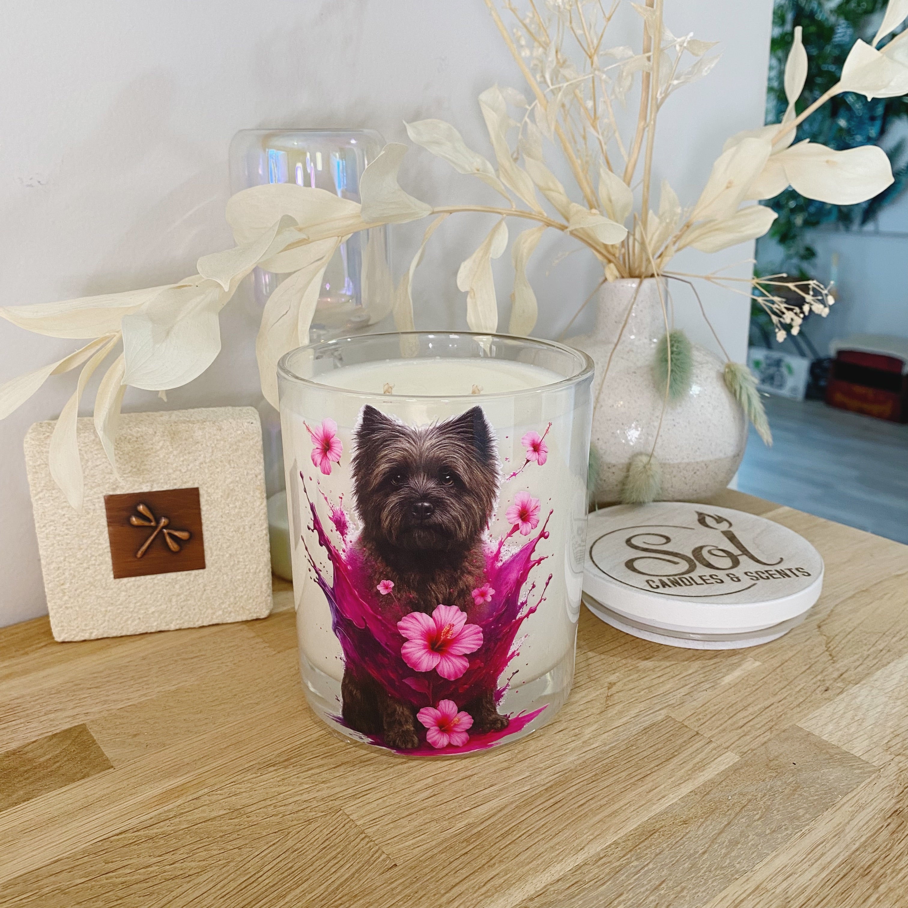 Cairn Terrier Dog Pink Hibiscus Xlarge Candle_Made in Queensland