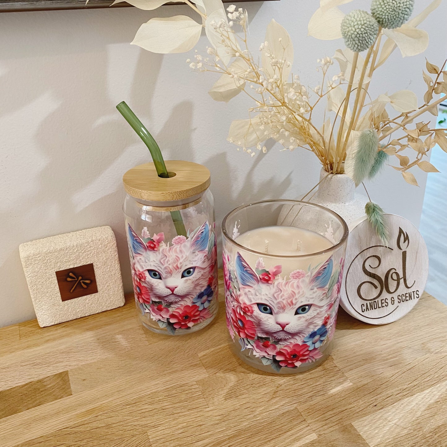 Cat Glassware & Candle Set