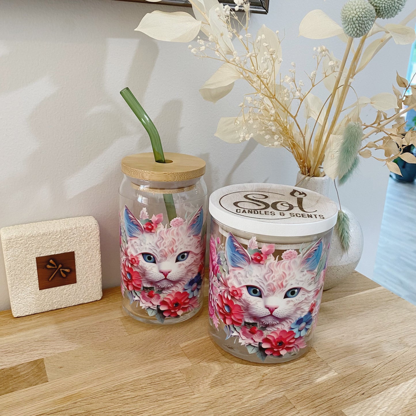 Cat Glassware & Candle Set