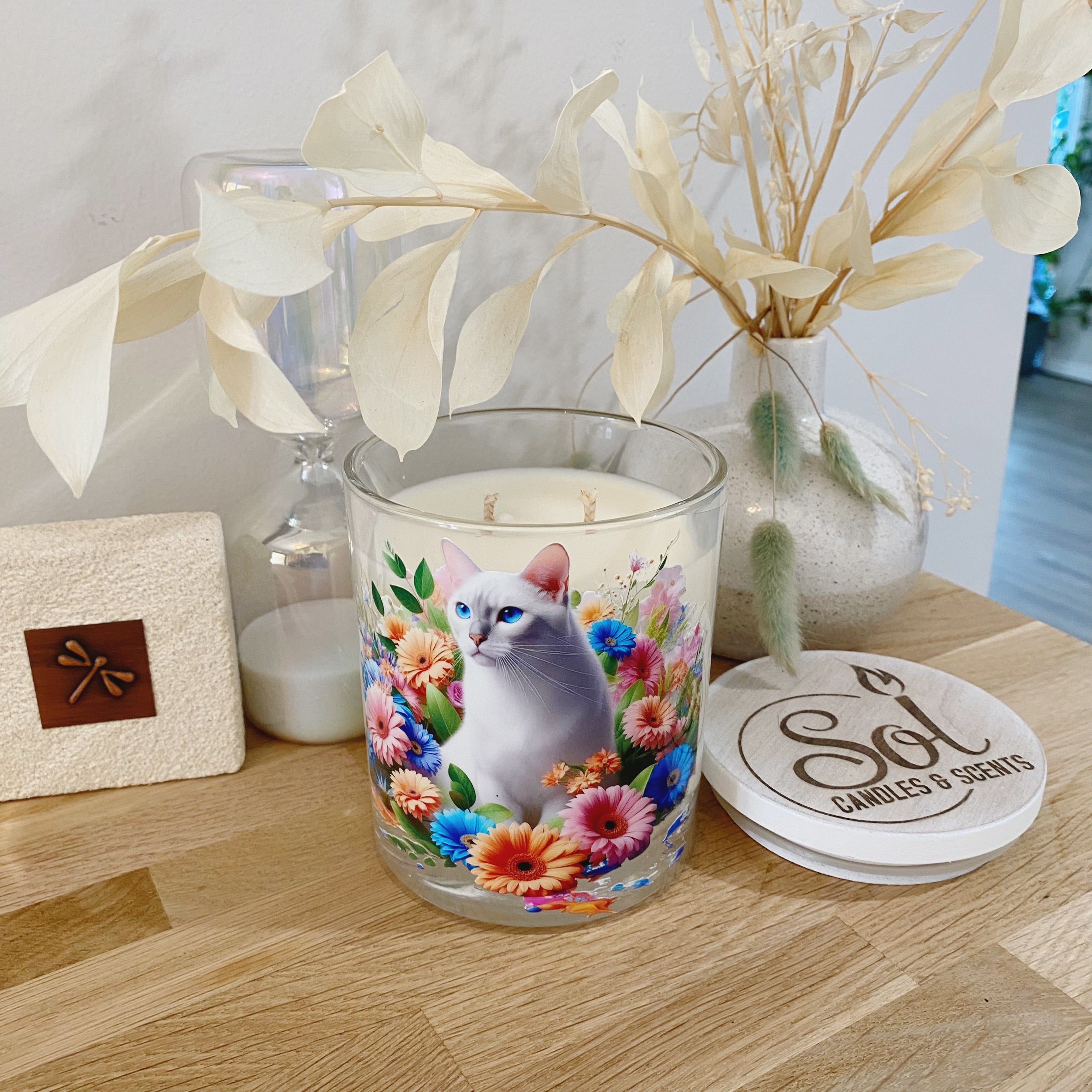 Cat White Floral Xlarge Candle_Refillable_Made in Queensland