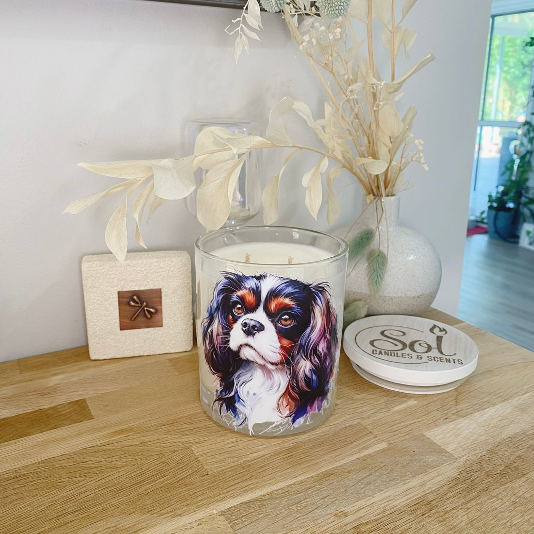 Cavalier King Spaniel Black White Portrait Xlarge Candle
