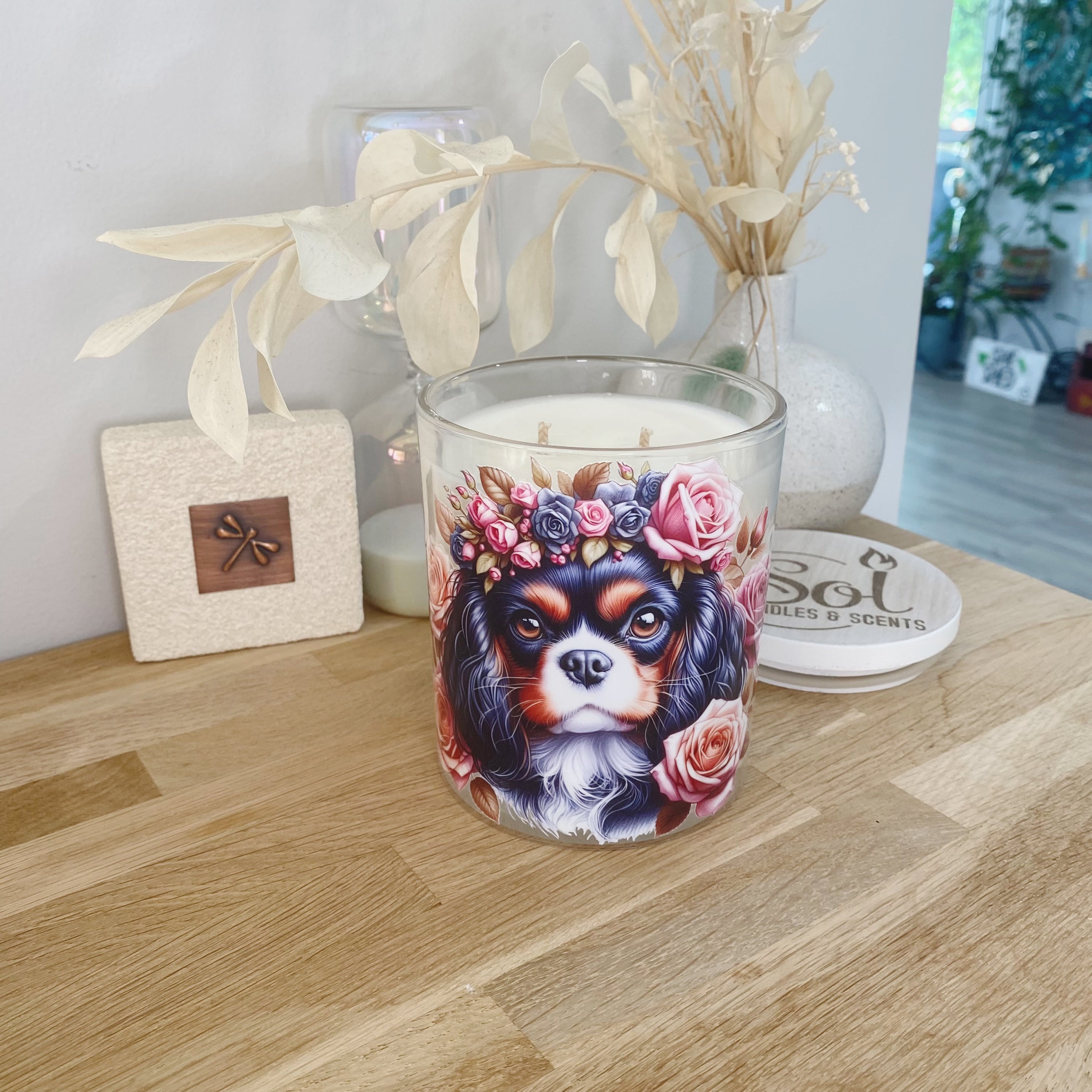 Cavalier King Spaniel Black White Roses Xlarge Candle
