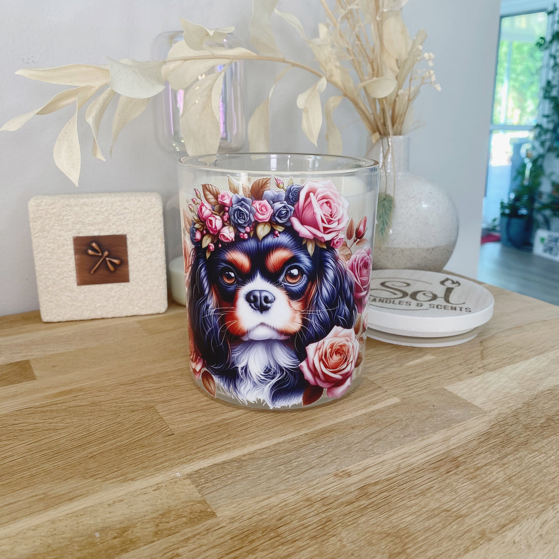 Cavalier King Spaniel Black White Roses Xlarge Candle