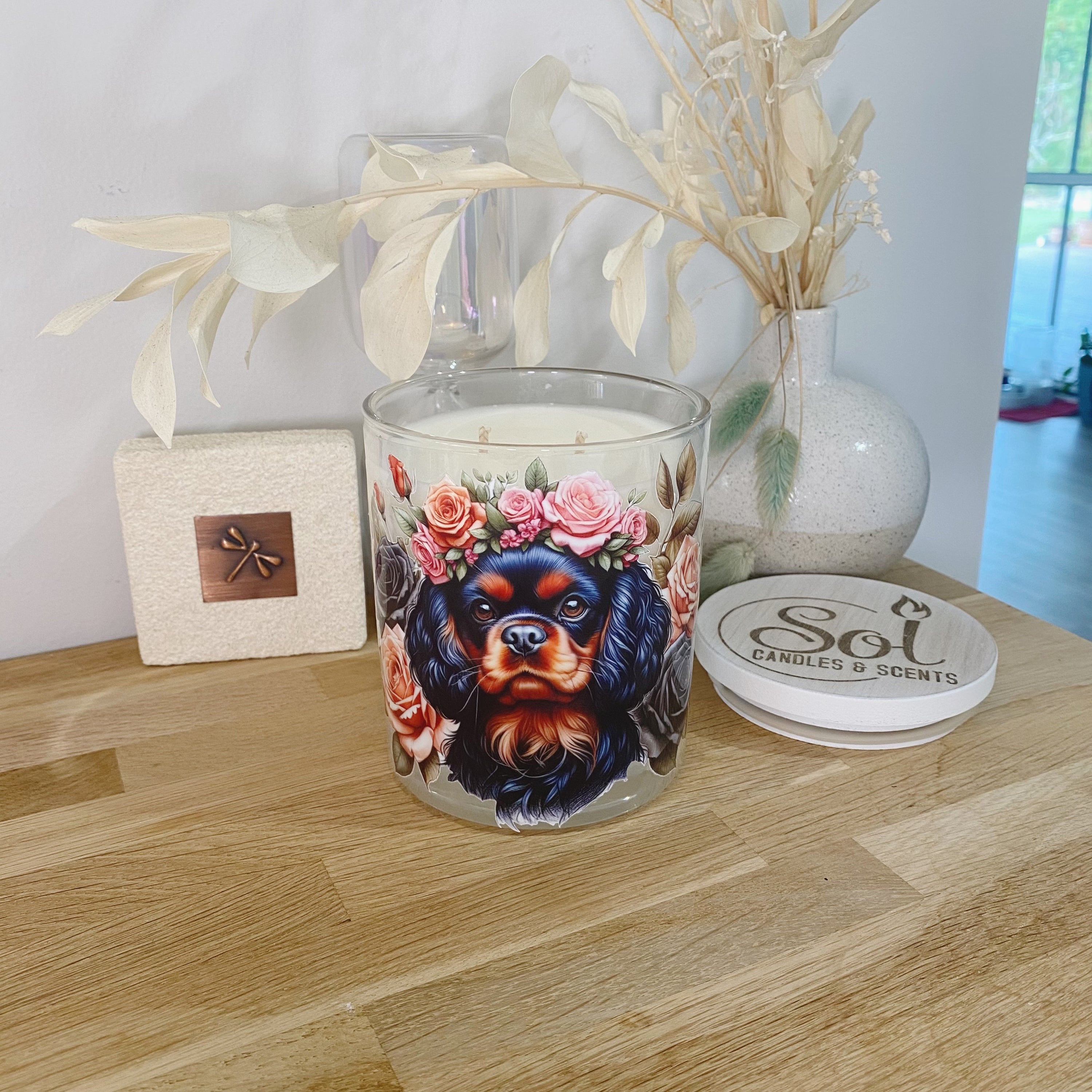 Cavalier King Spaniel Roses Black Xlarge Candle