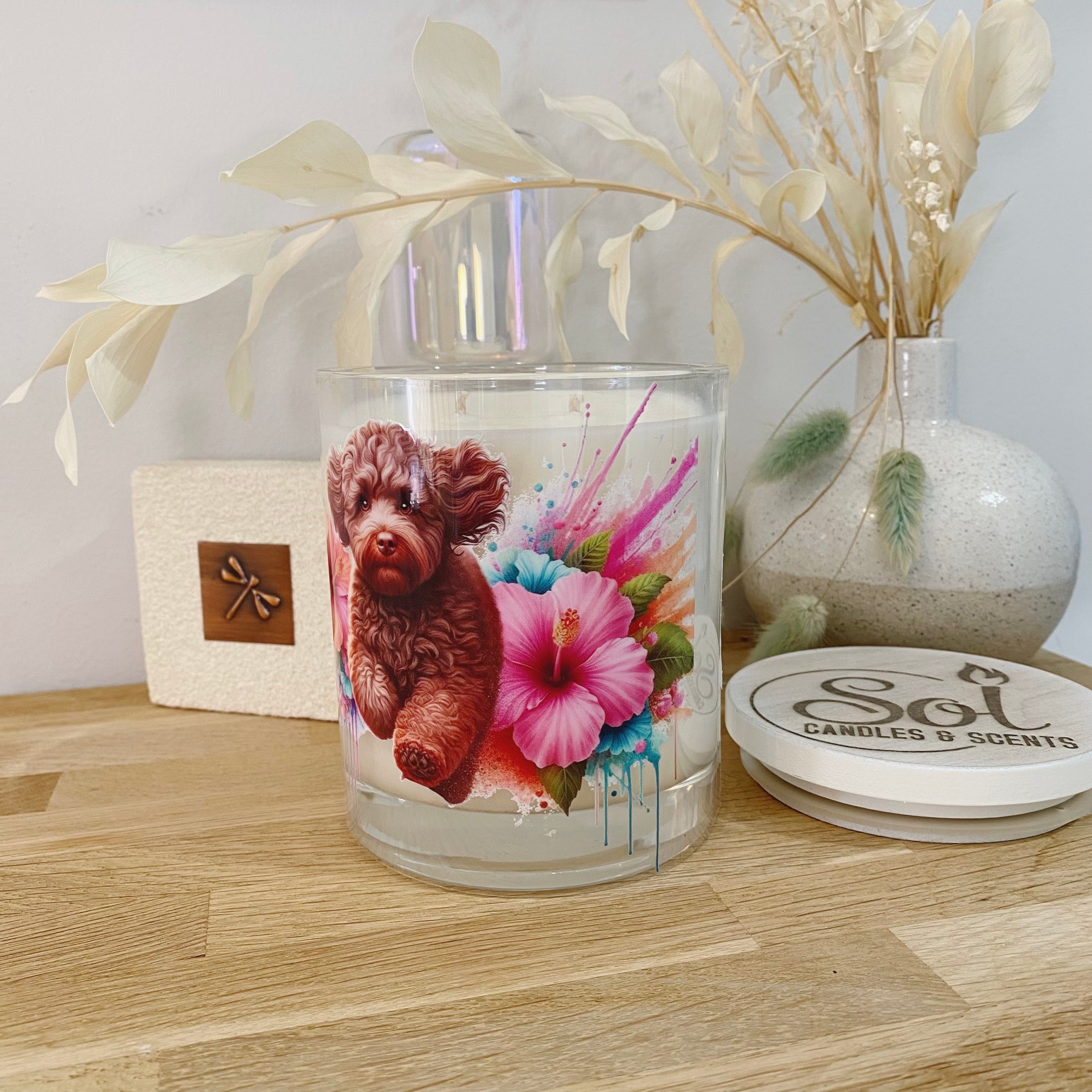 Candle with a Chocolate Cavoodle dog and floral design_Sol Candles &amp; Scents