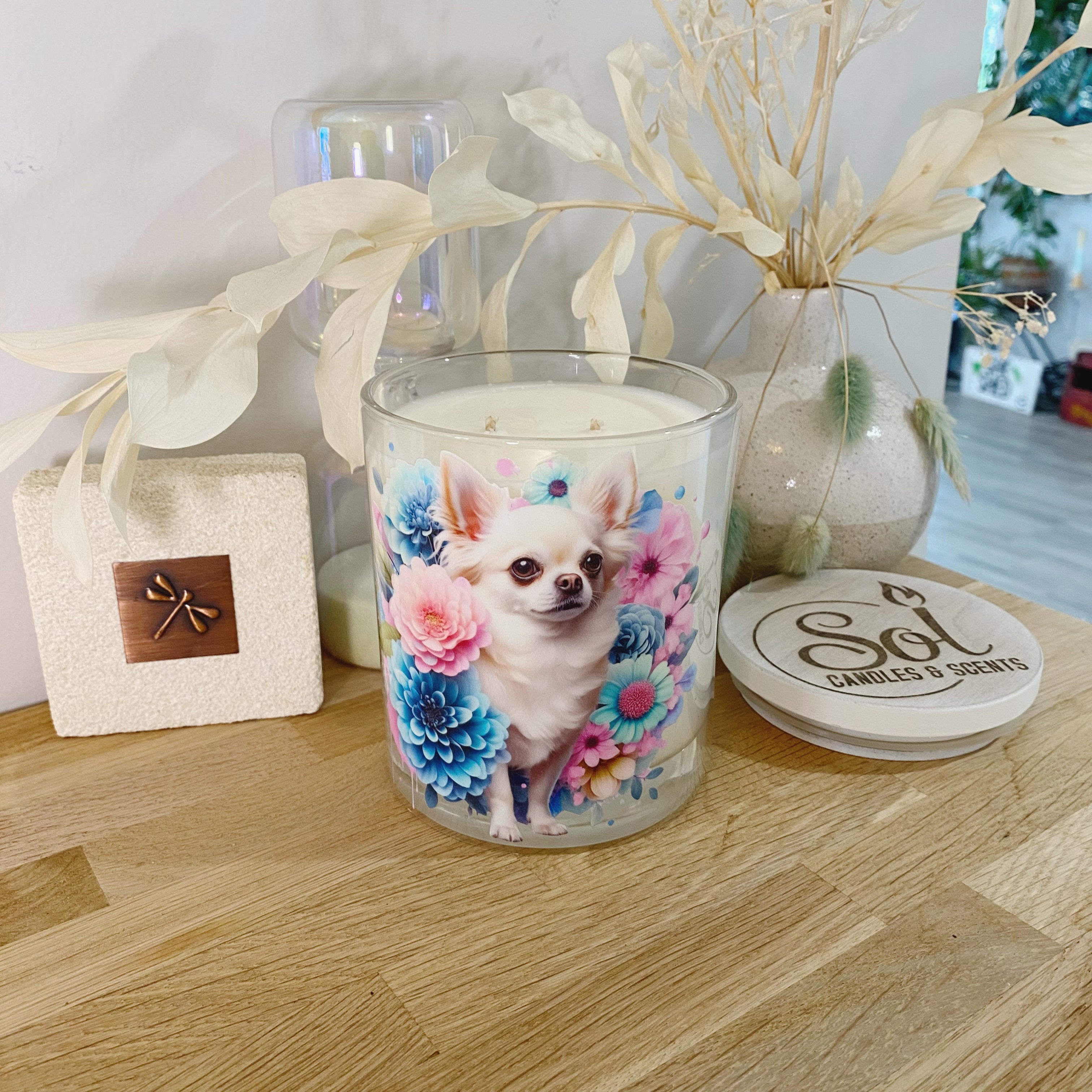 Chihuahua Dog Cream Floral Xlarge Candle_Made in Australia_Refillable