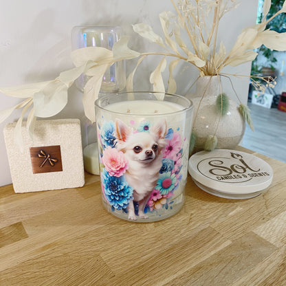 Chihuahua Dog Cream Floral Xlarge Candle_Made in Australia_Refillable