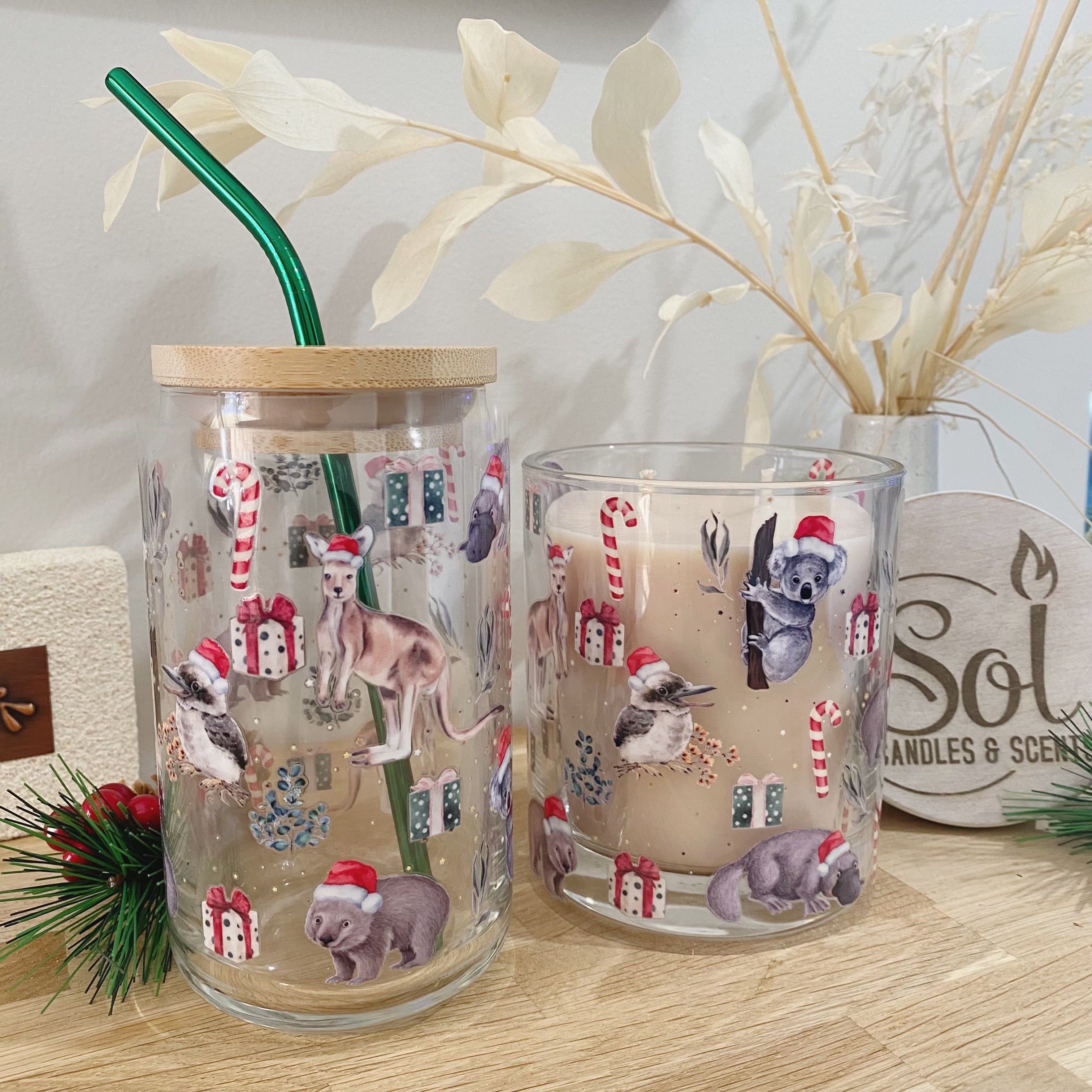 Christmas Aussie Animal Glassware &amp; Candle Set