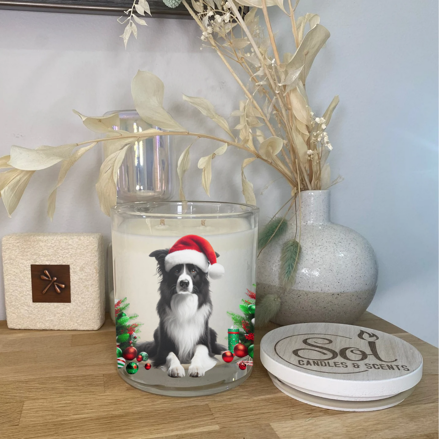 Border Collie Christmas Red Xlarge Candle