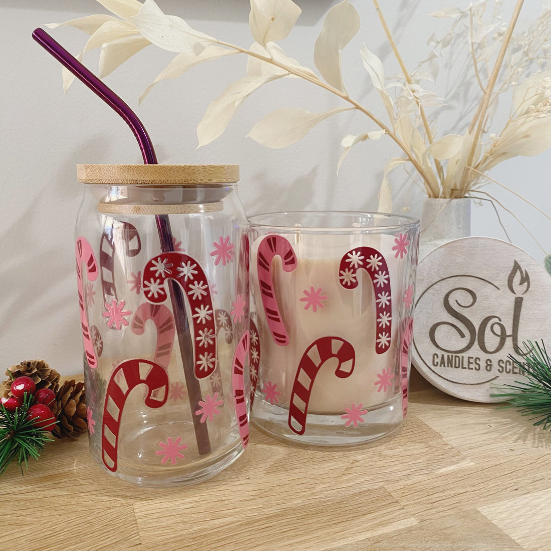 Christmas Candy Cane Glassware &amp; Candle Set