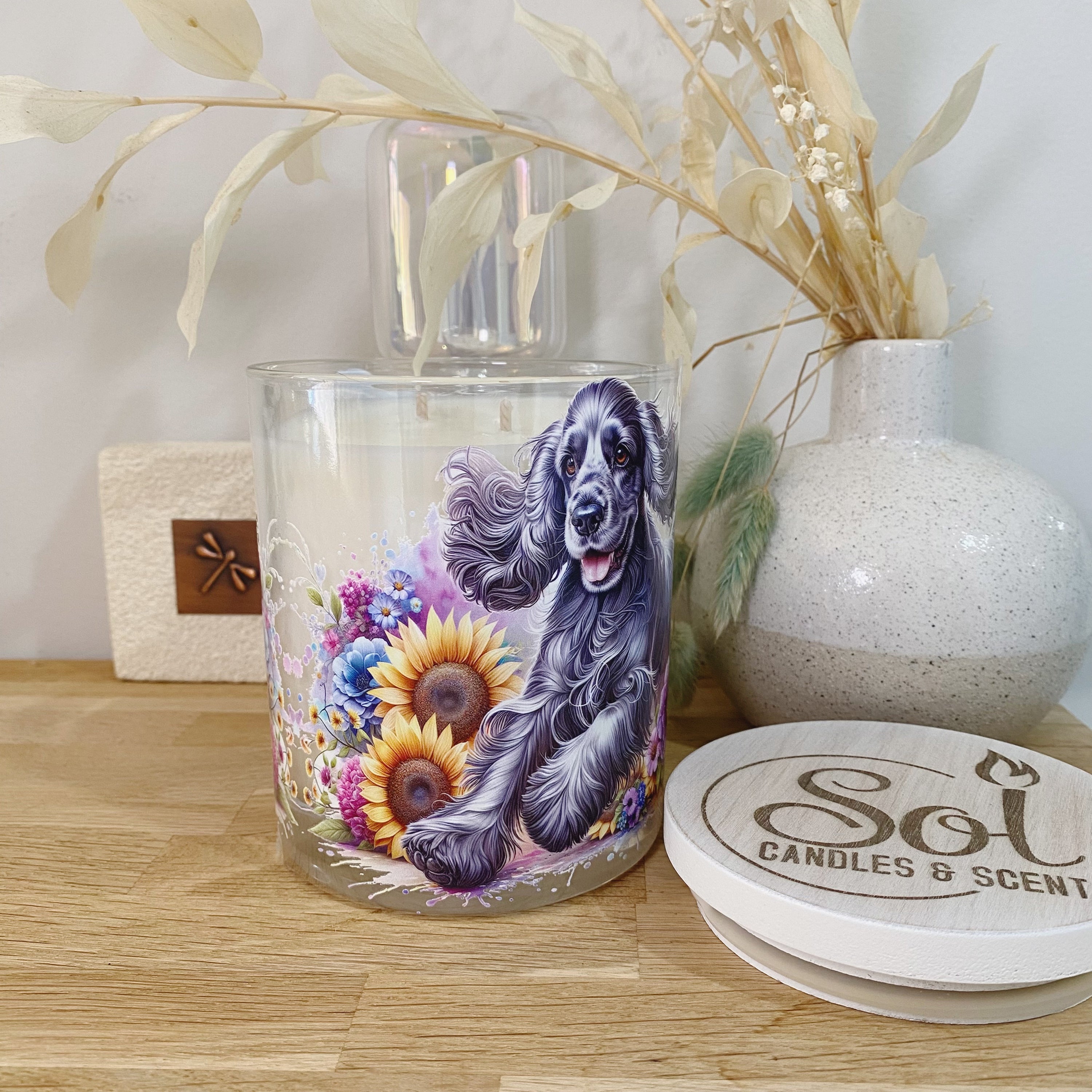 Cocker Spaniel Black with Sunflowers Xlarge Candle