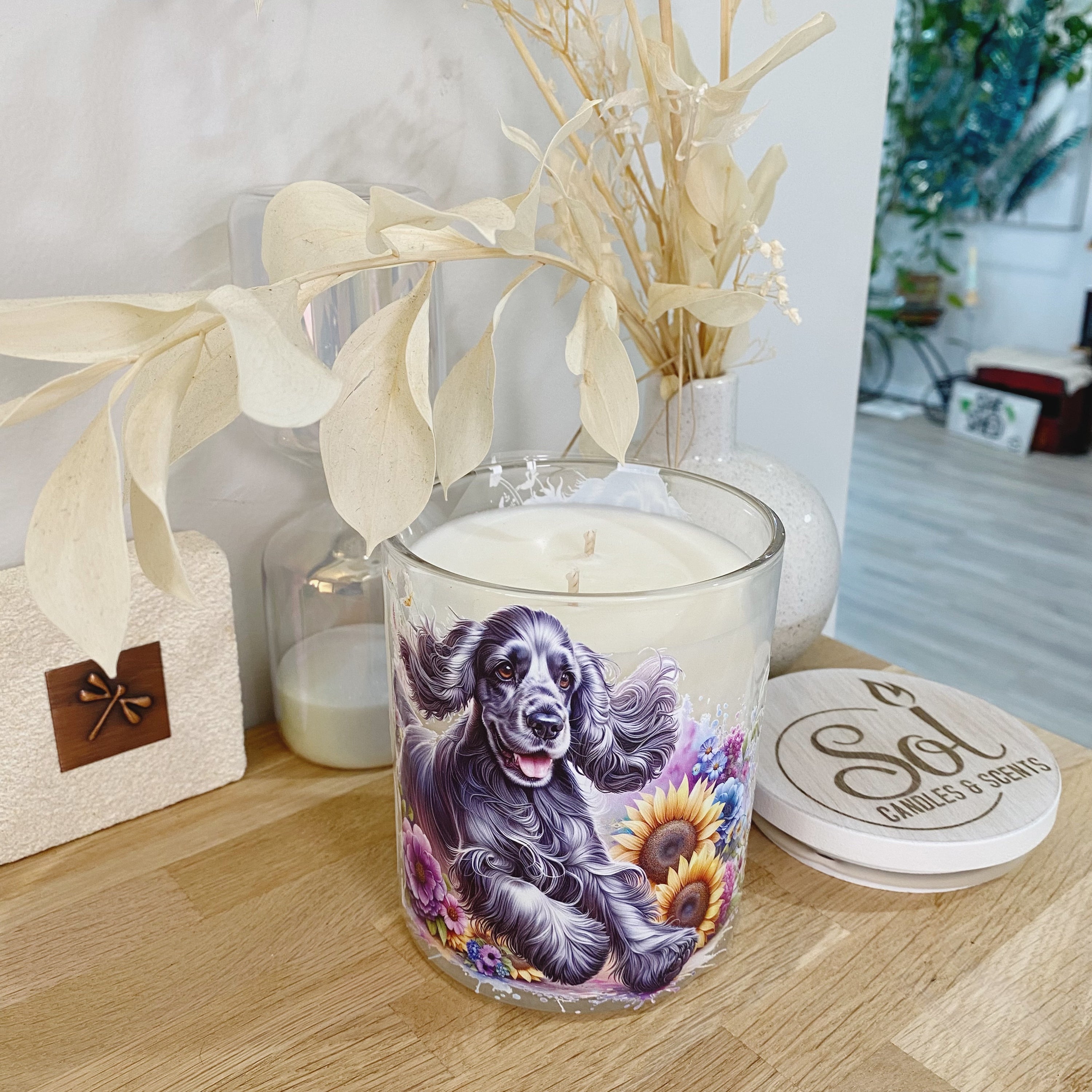 Cocker Spaniel Black with Sunflowers Xlarge Candle