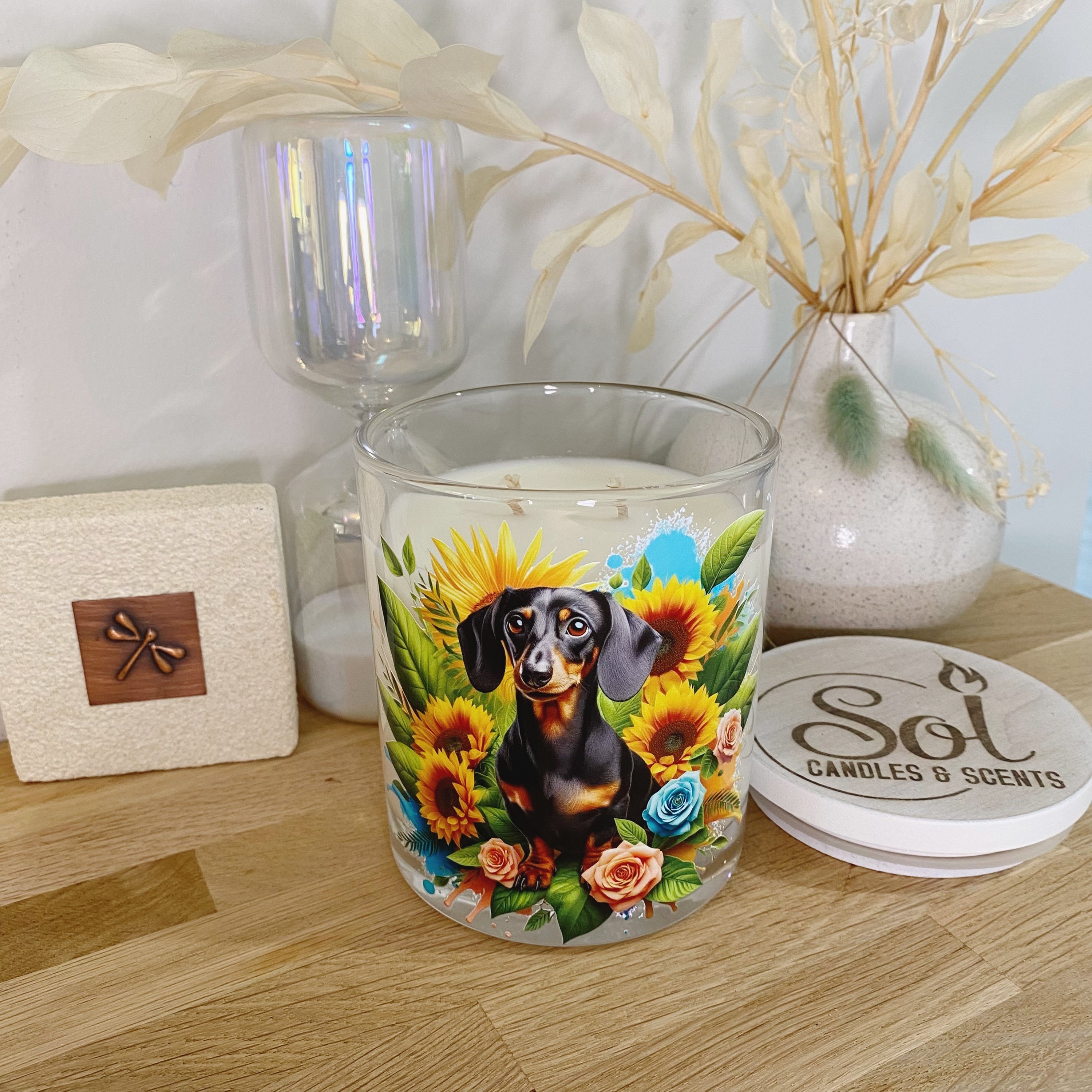 Dachshund Black &amp; Tan Sunflower Candle_Refillable_Made in Australia