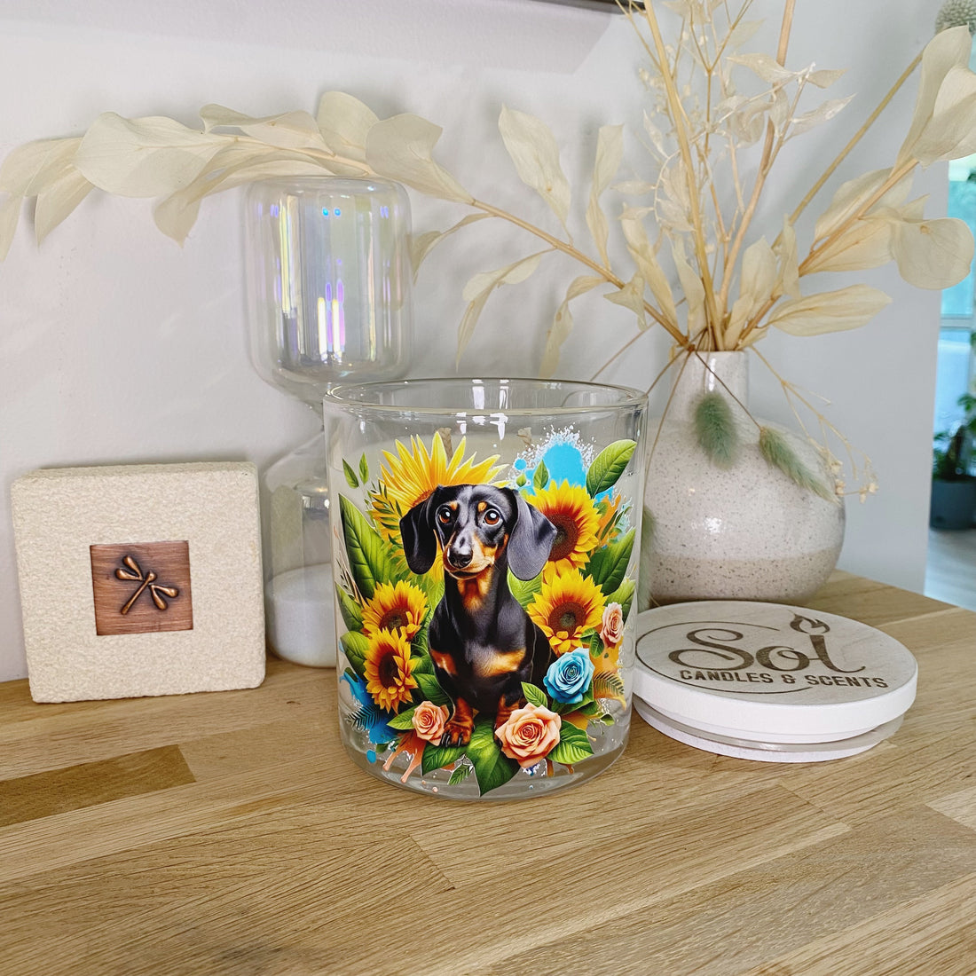 Dachshund Black &amp; Tan Sunflower Candle_Refillable