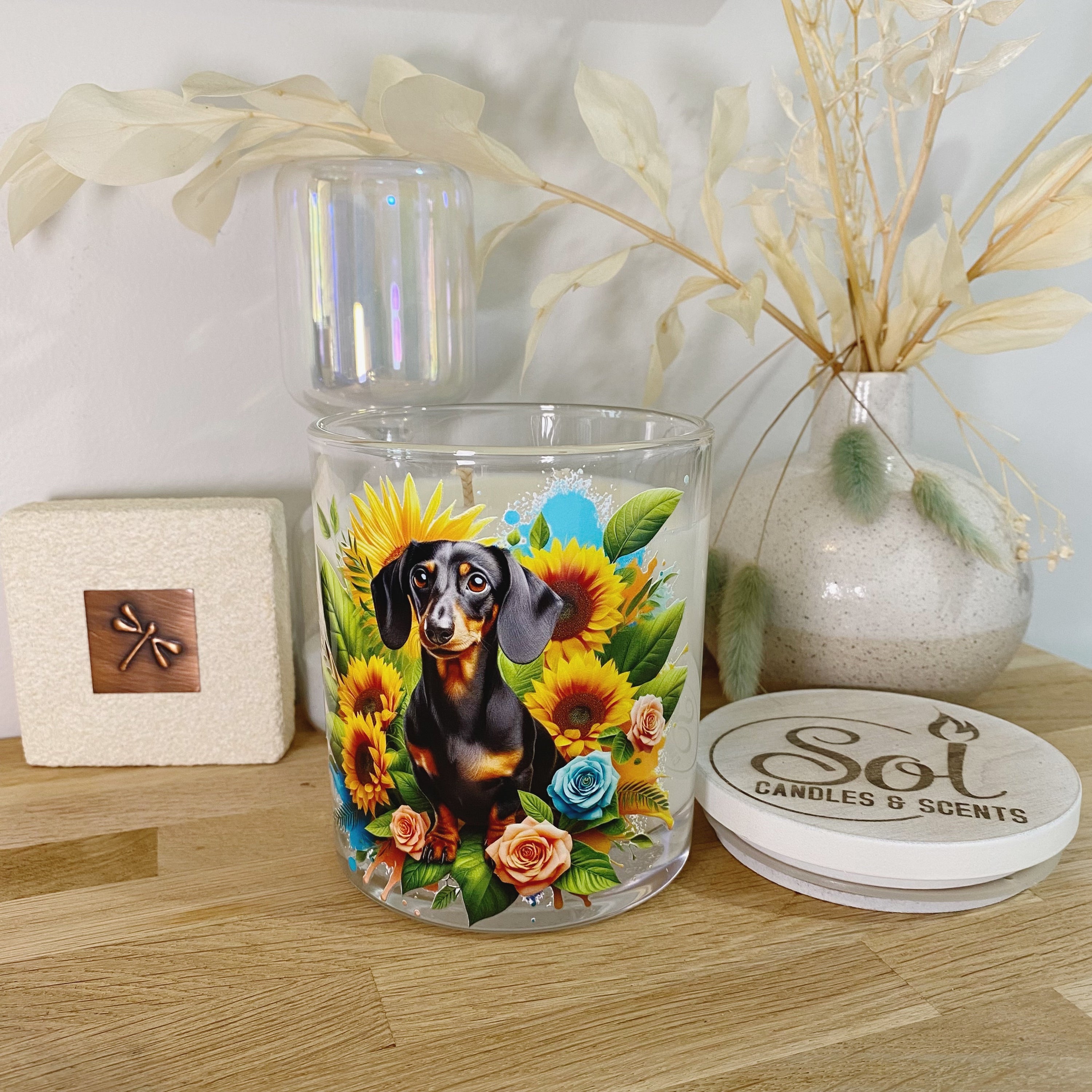 Dachshund Black &amp; Tan Sunflower Candle_Refillable_Made in Australia