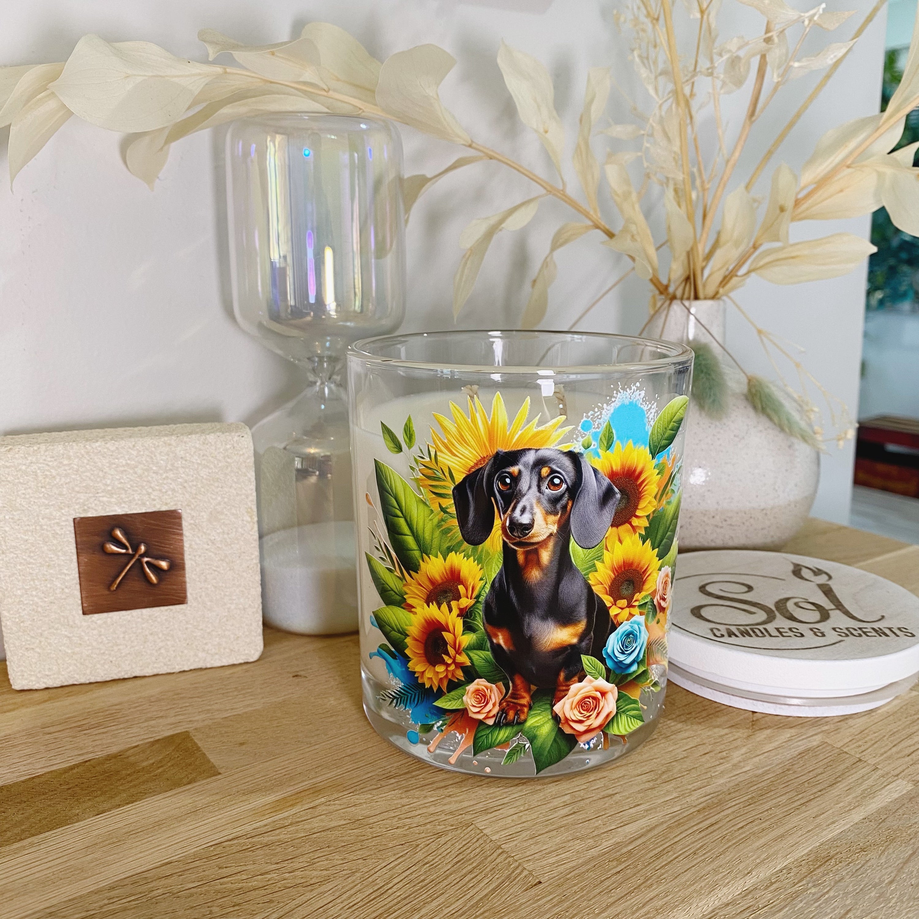 Dachshund Black &amp; Tan Sunflower Candle_Refillable_Made in Australia