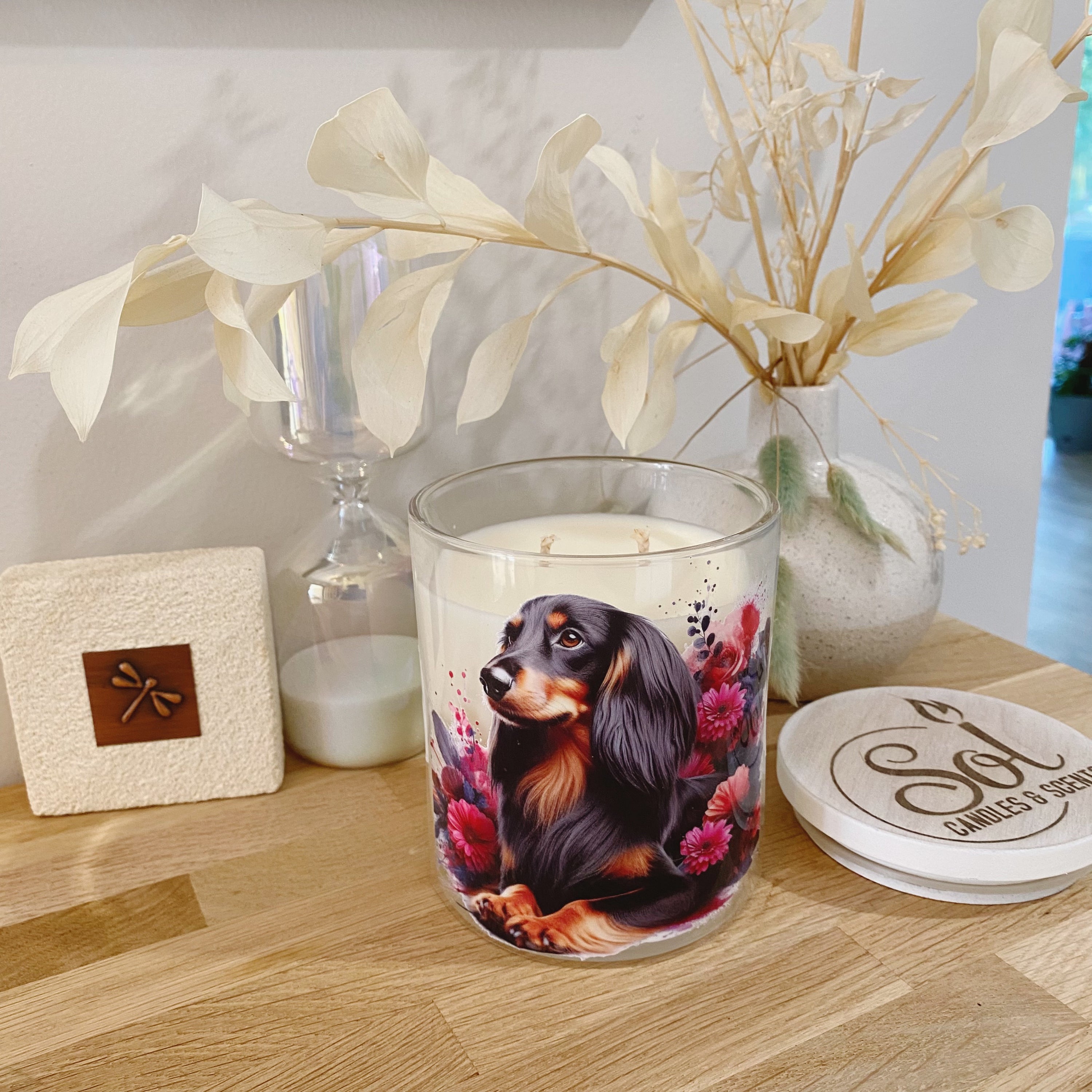 Dachshund Long Haired Black &amp; Tan Xlarge Candle_Refillable_Made in Australia 