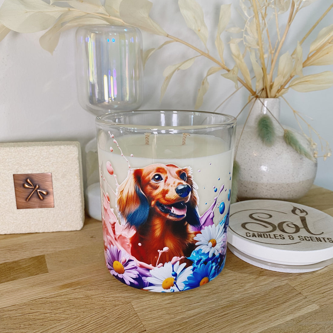 Dachshund Long Haired Red Daisies Candle_Sol Candles &amp; Scents