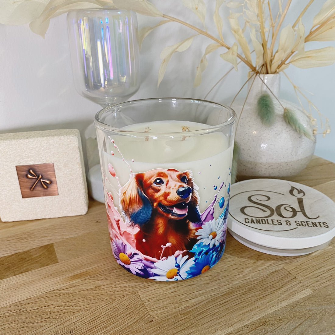 Dachshund Long Haired Red Daisies Candle_Refillable