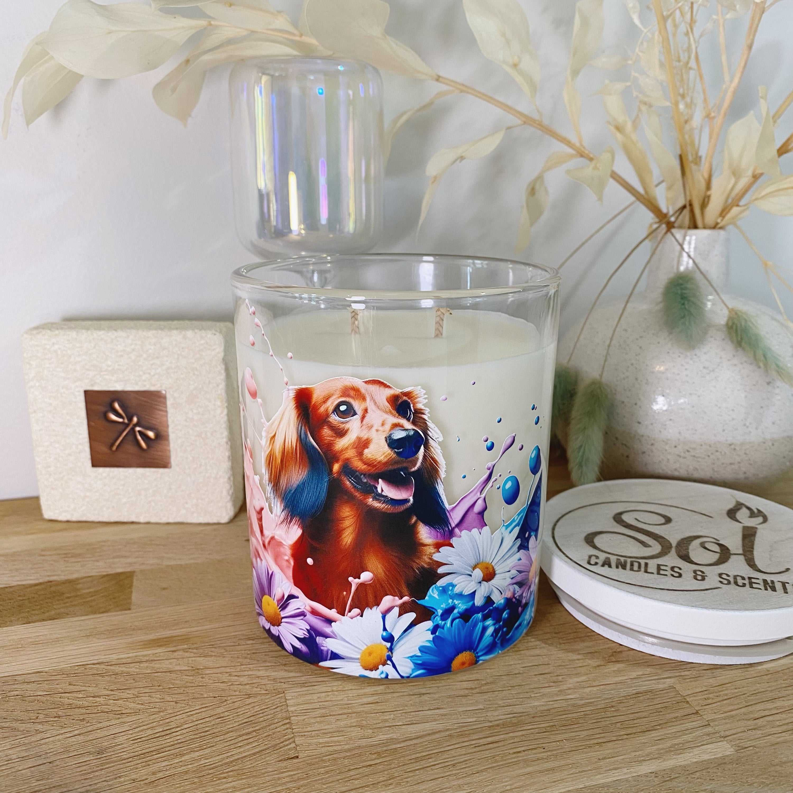 Dachshund Long Haired Red Daisies Candle_Refillable_Australian Made
