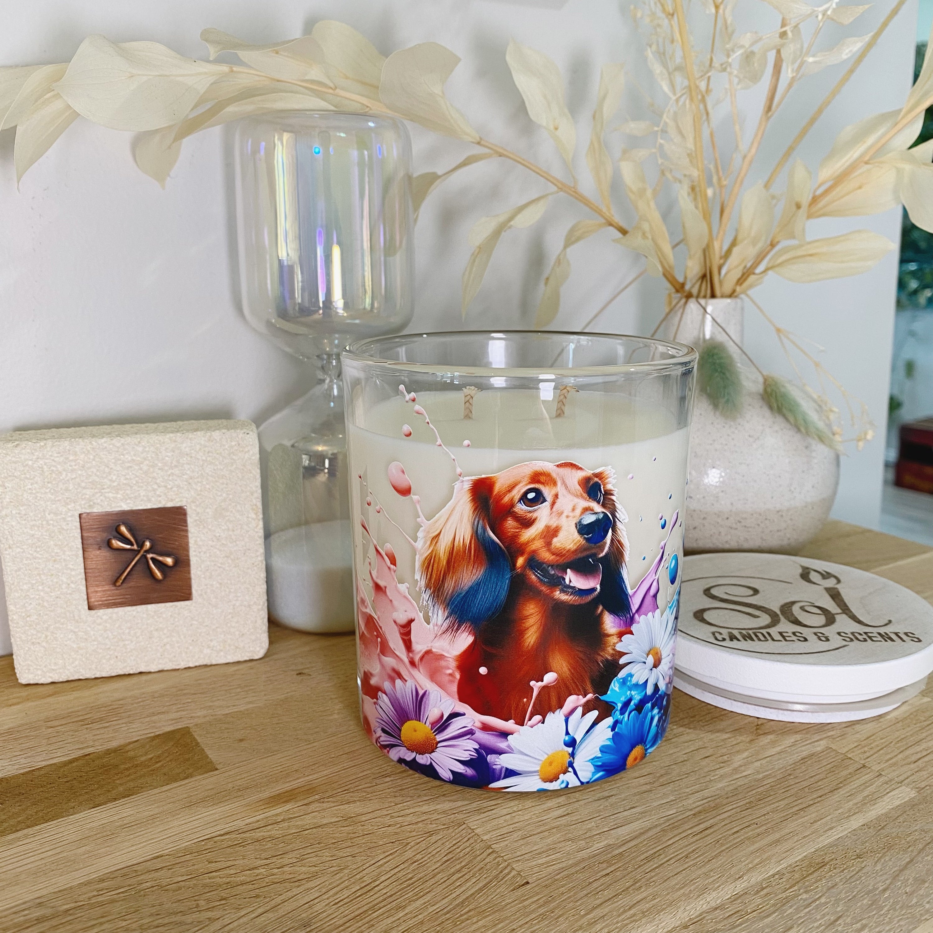 Dachshund Long Haired Red Daisies Candle_Refillable_Australian Made