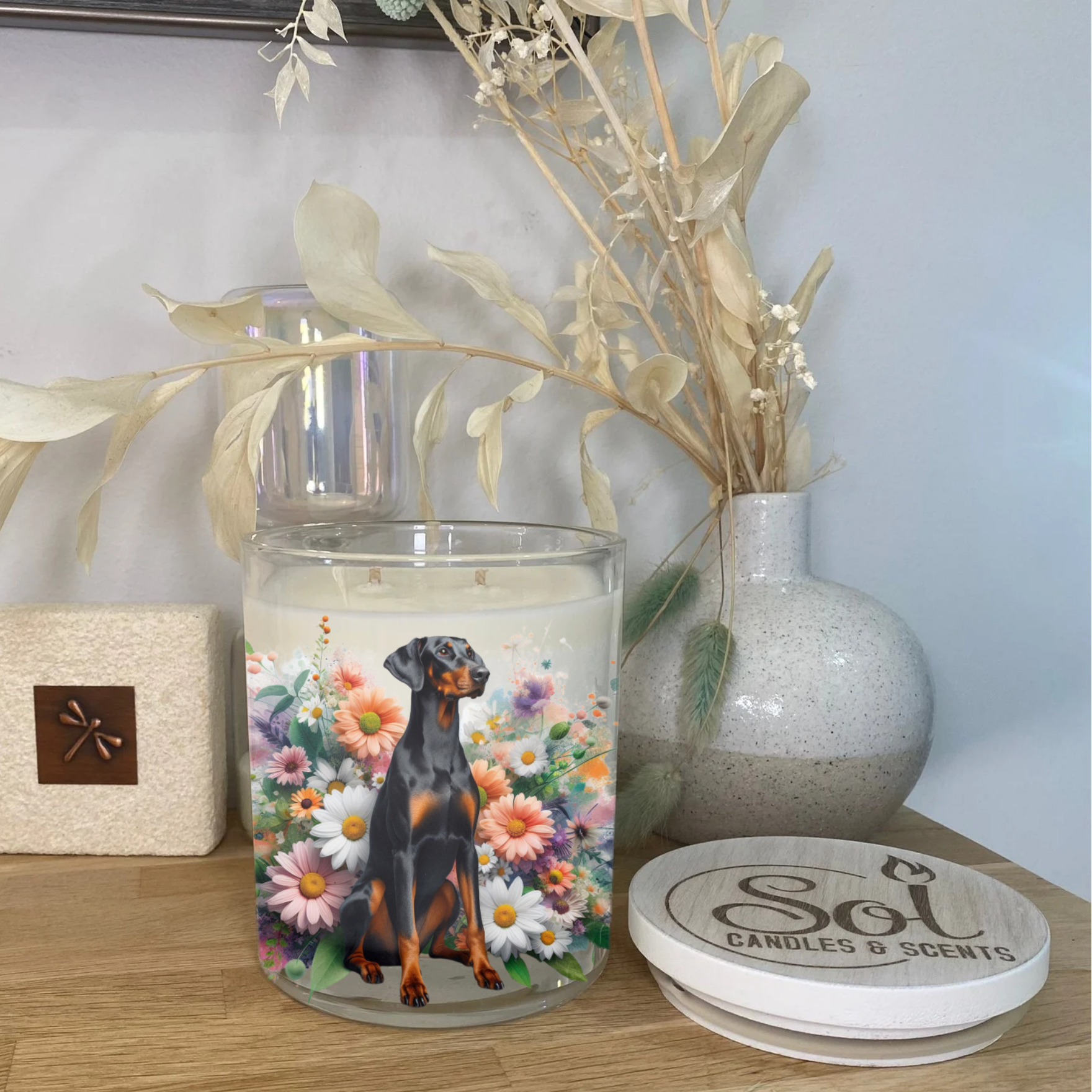 Doberman Sitting Floral Xlarge Candle