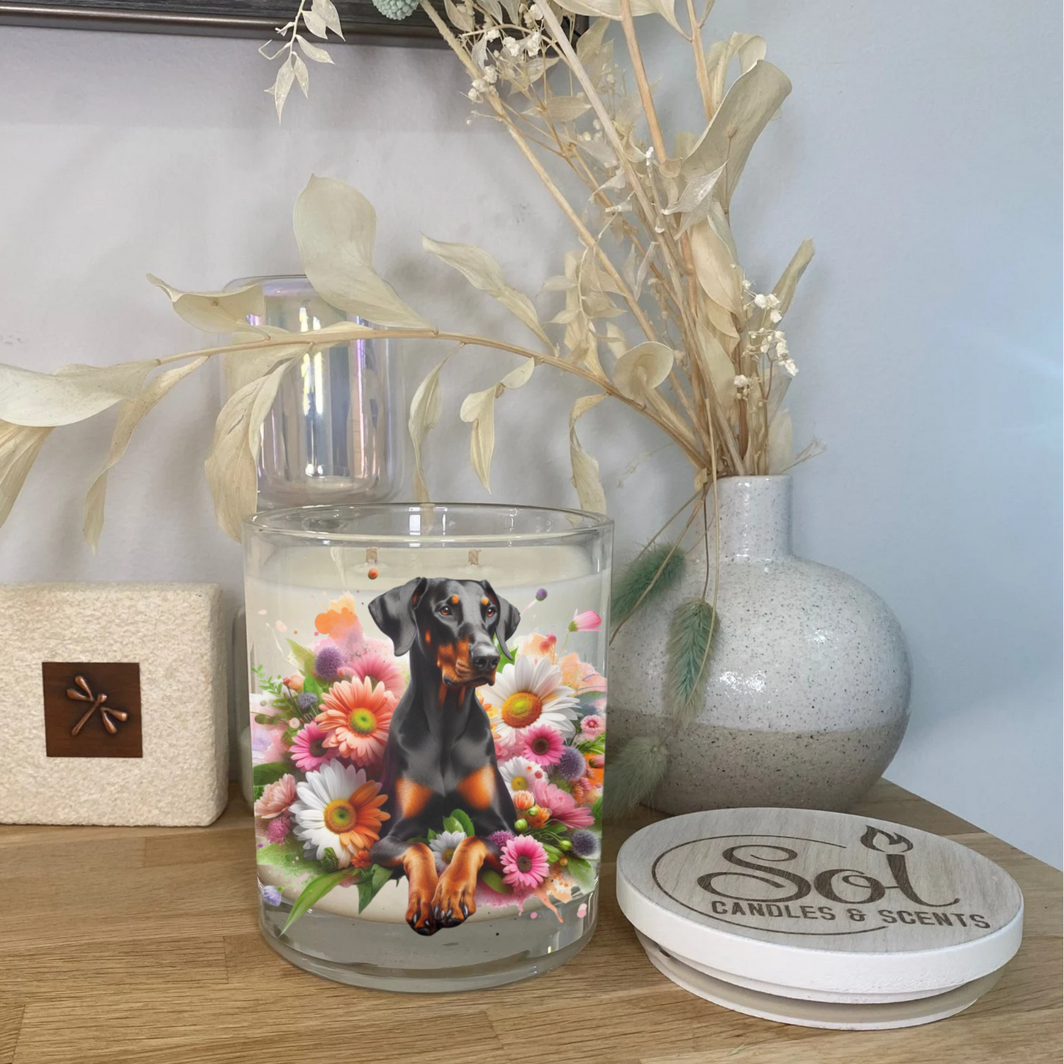 Doberman Laying Down Floral Xlarge Candle