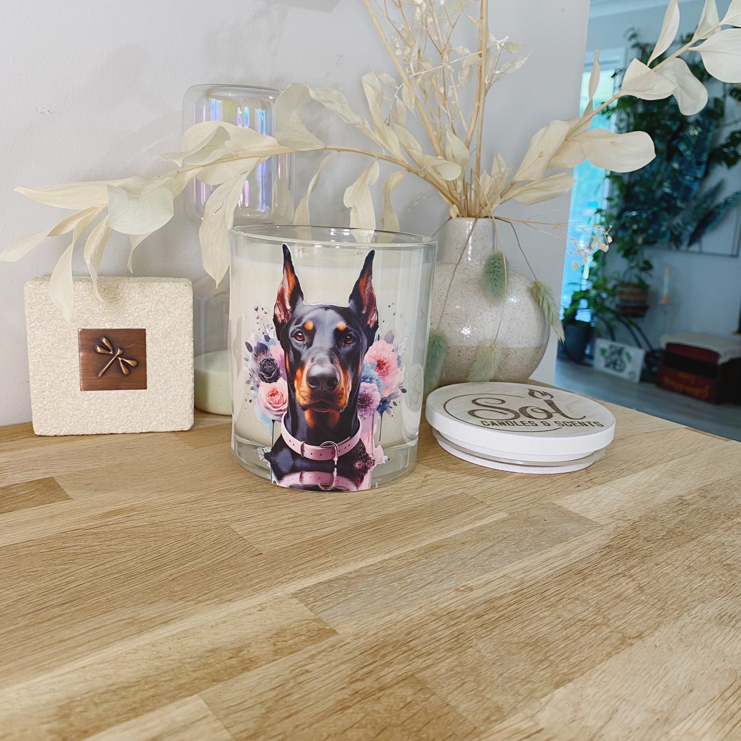 Doberman Dog Pink Floral Xlarge Candle_Pink Dog Collar