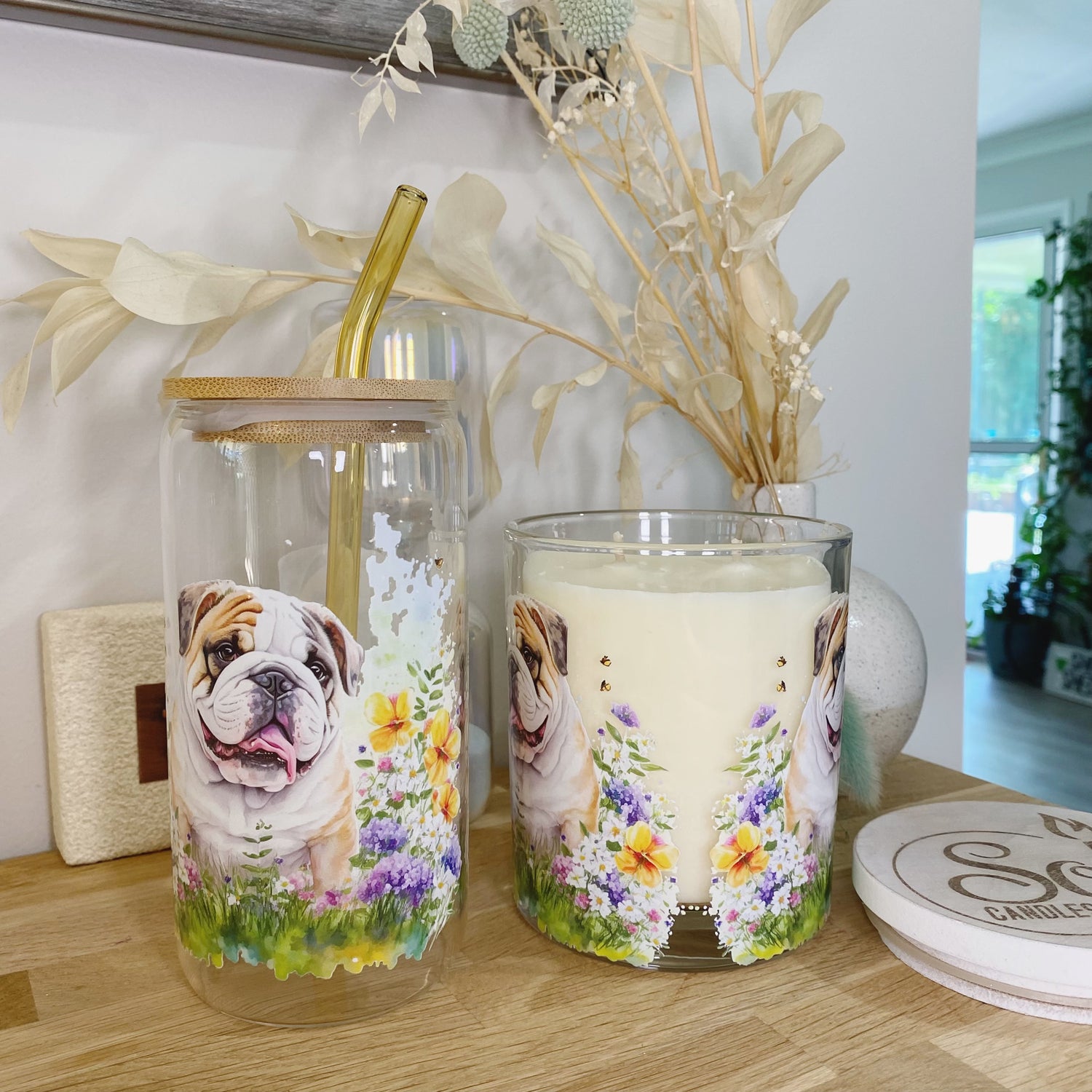 English Bulldog Floral Glassware &amp; Candle Set