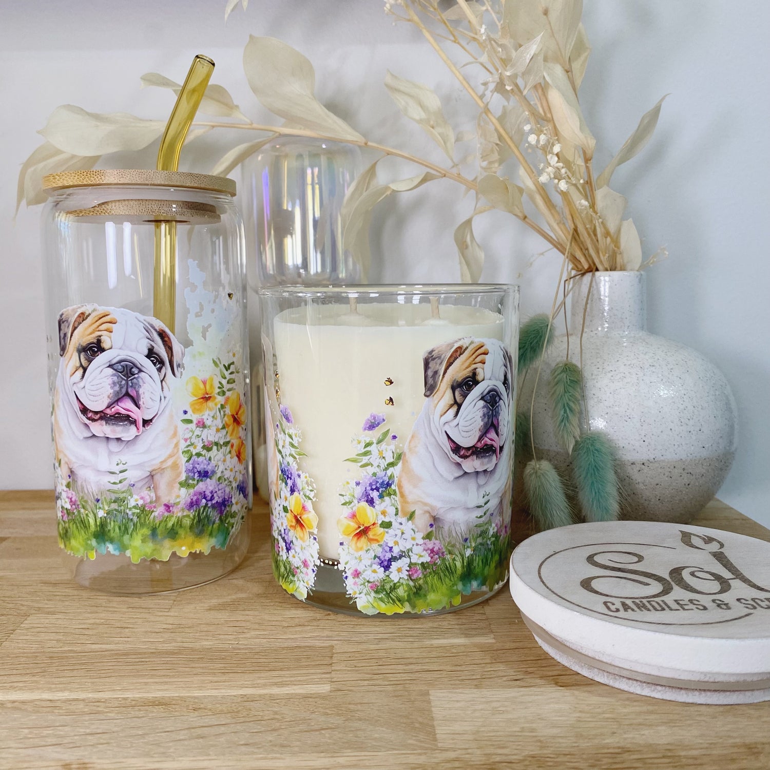 English Bulldog Floral Glassware &amp; Candle Set