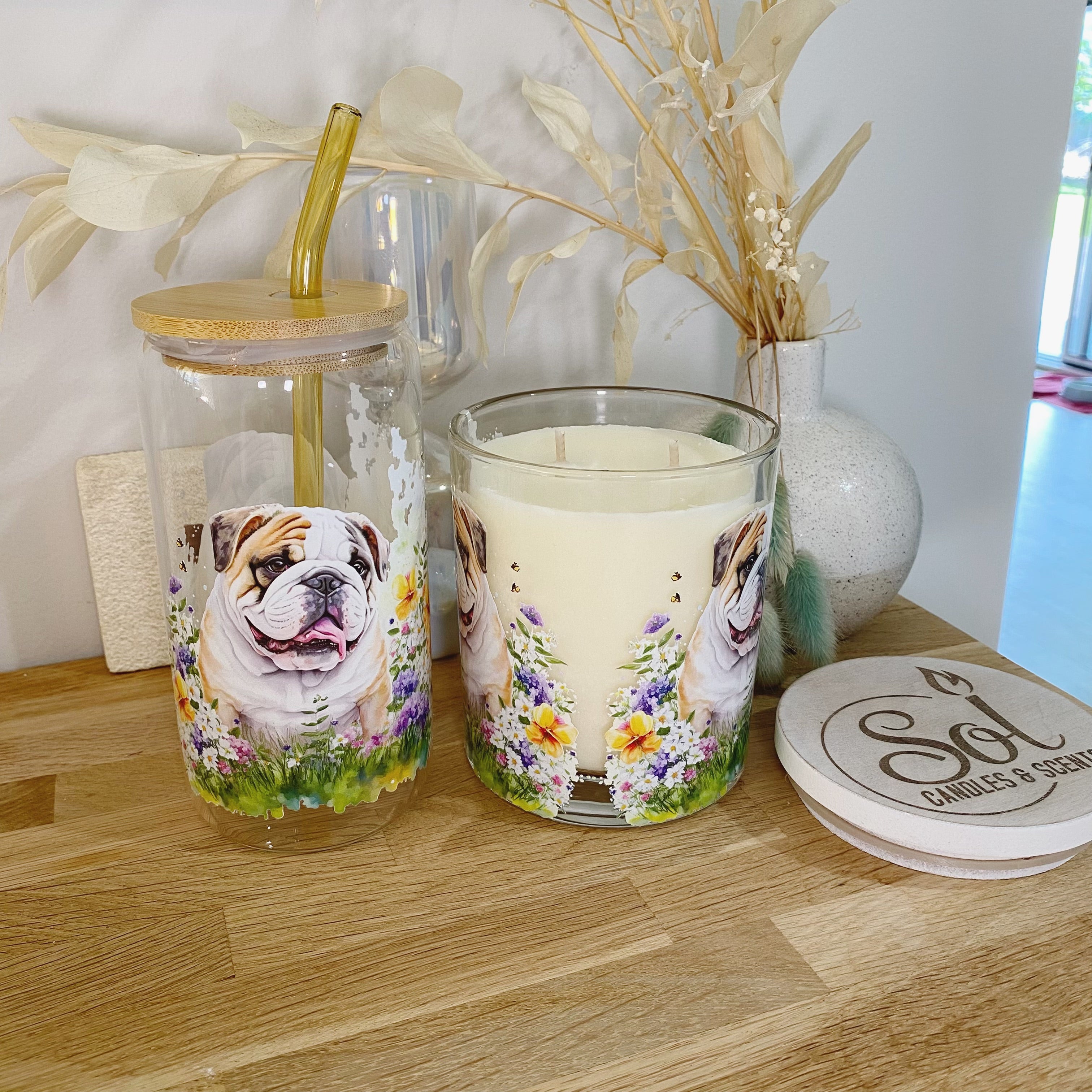 English Bulldog Floral Glassware &amp; Candle Set