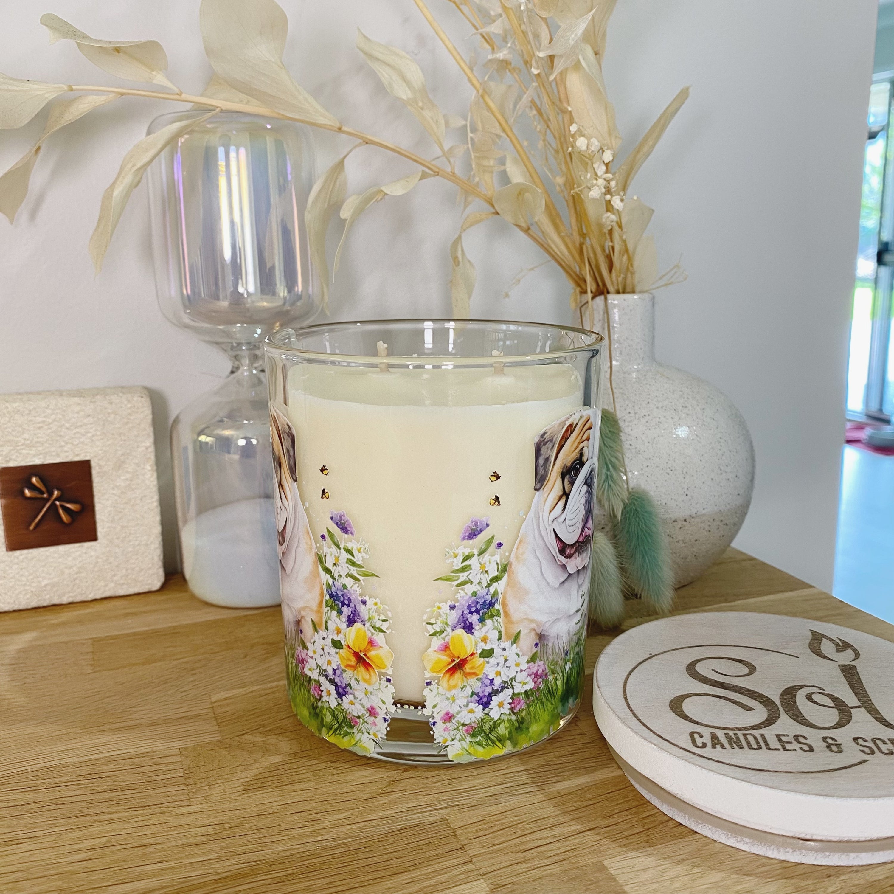 English Bulldog Floral Candle