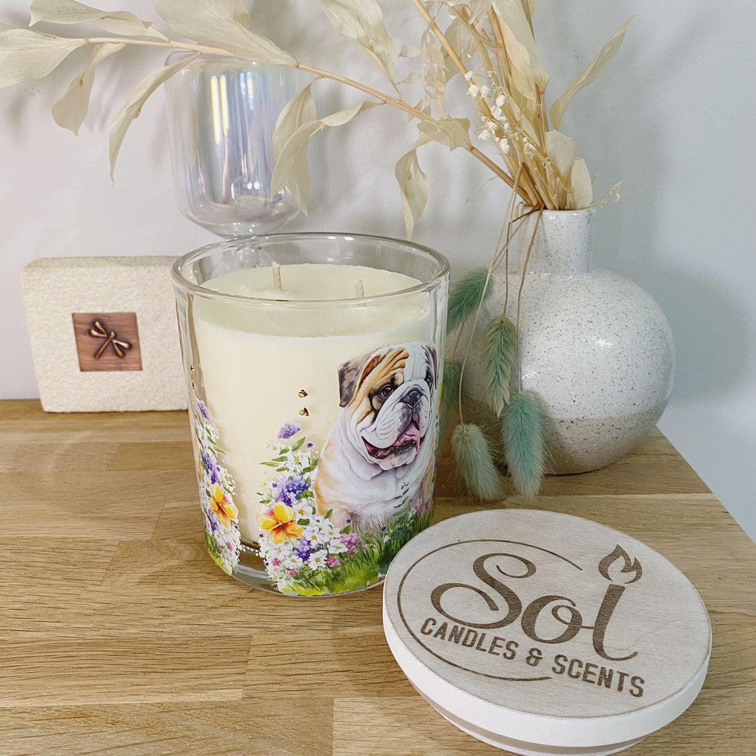 English Bulldog Floral Candle