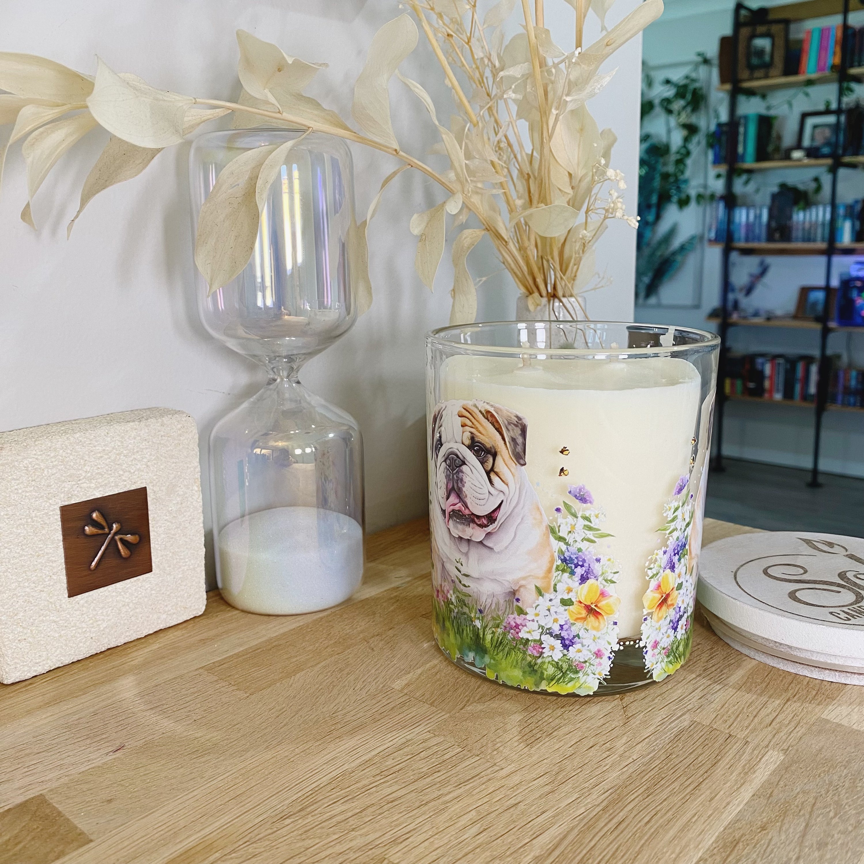 English Bulldog Floral Candle