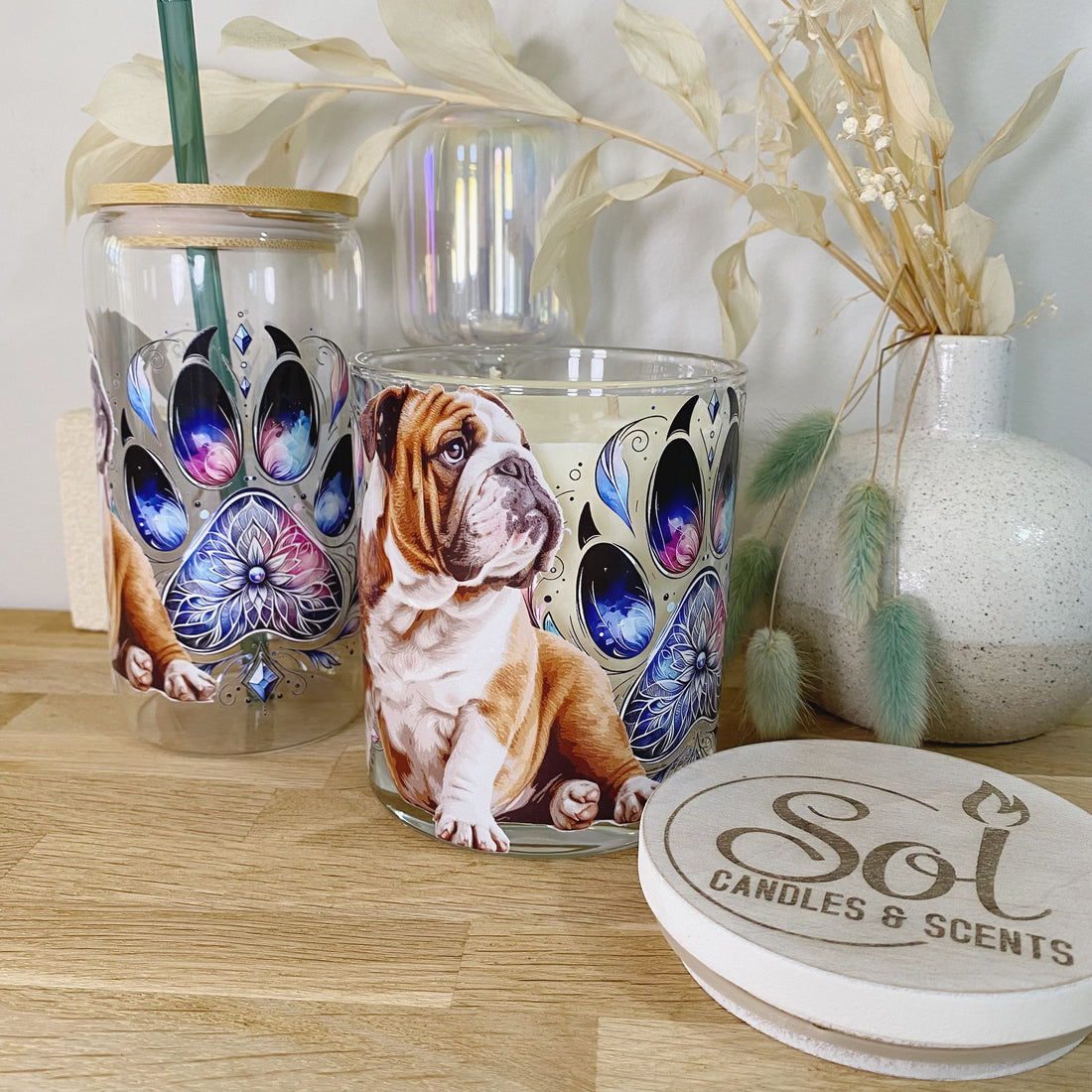 English Bulldog Paws Glassware &amp; Candle Set