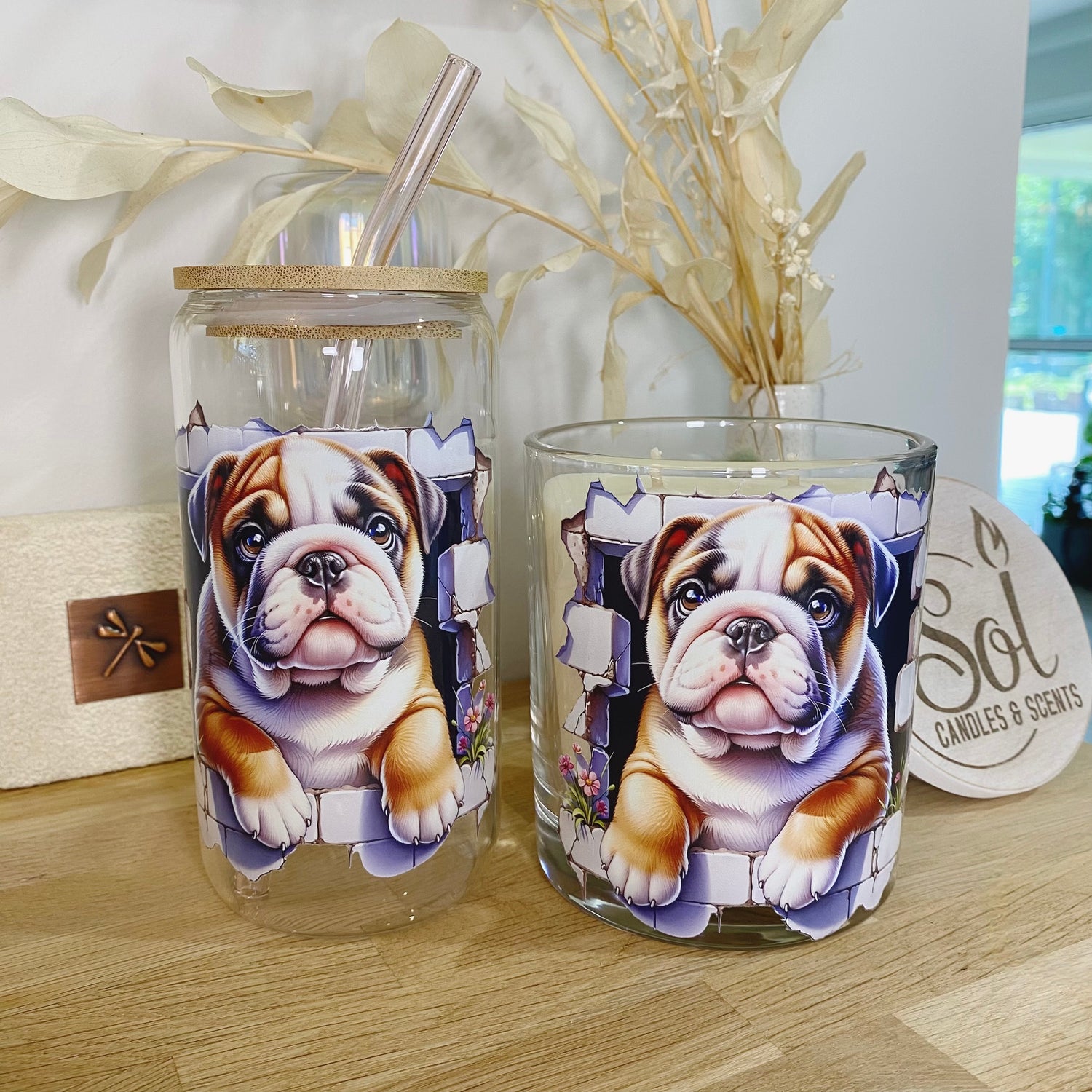 English Bulldog Puppy Brick Glassware &amp; Candle Set