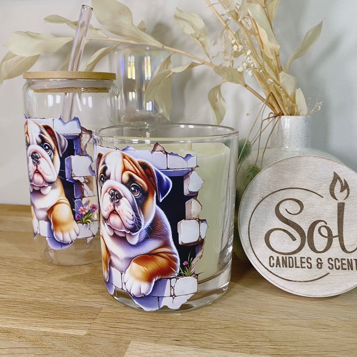 English Bulldog Puppy Brick Glassware &amp; Candle Set