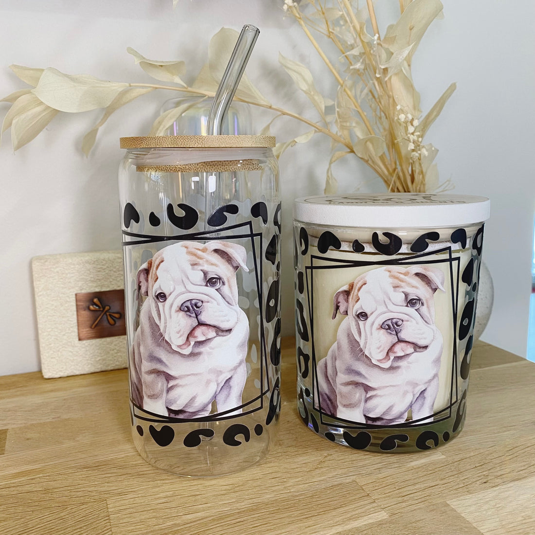 English Puppy Bulldog Glassware &amp; Candle Set