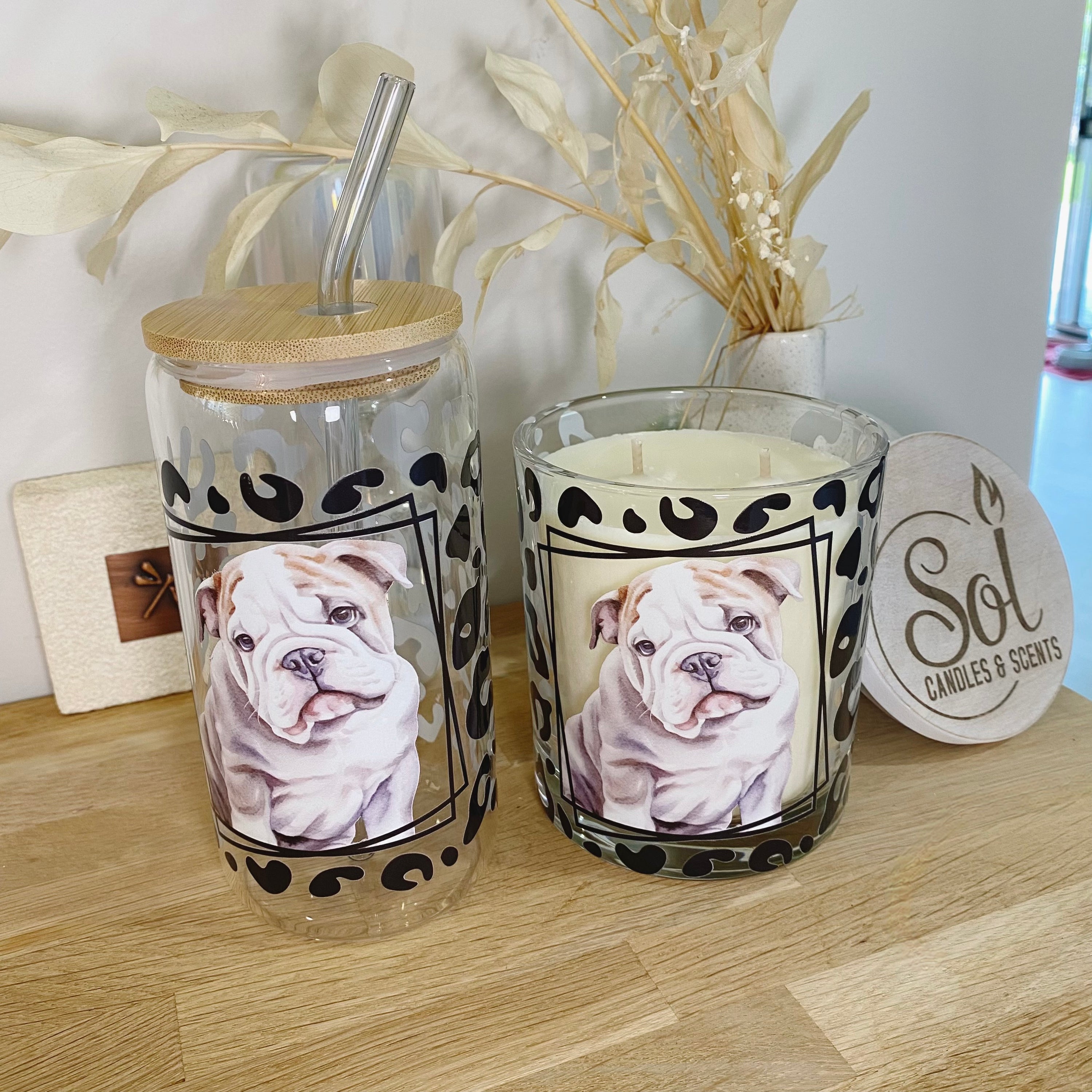 English Puppy Bulldog Glassware &amp; Candle Set