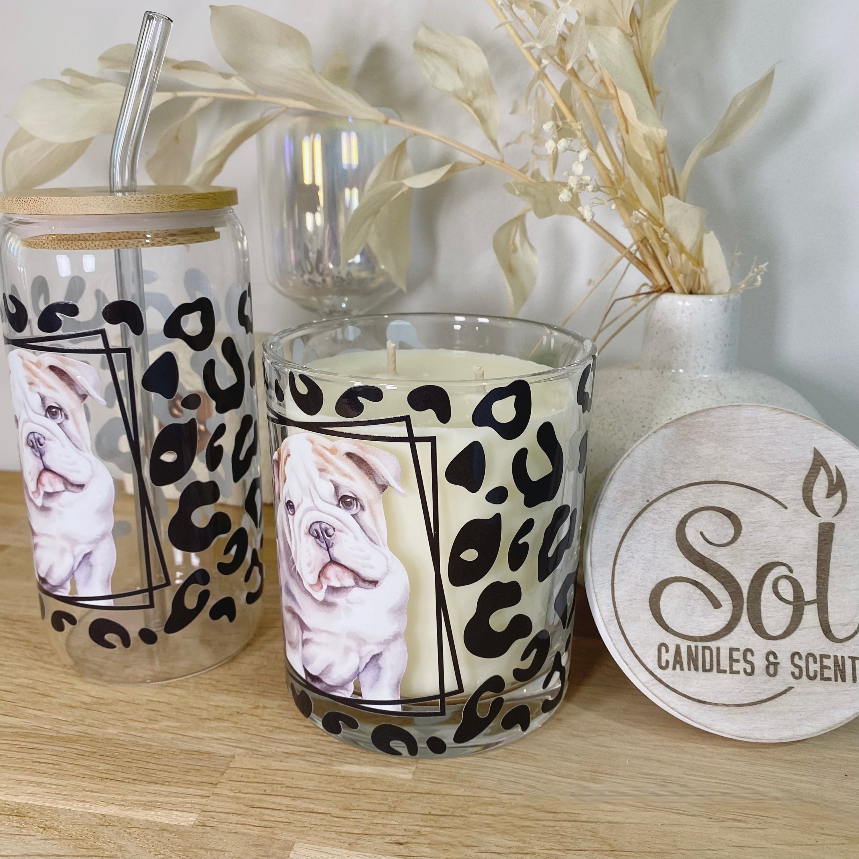 English Puppy Bulldog Glassware &amp; Candle Set