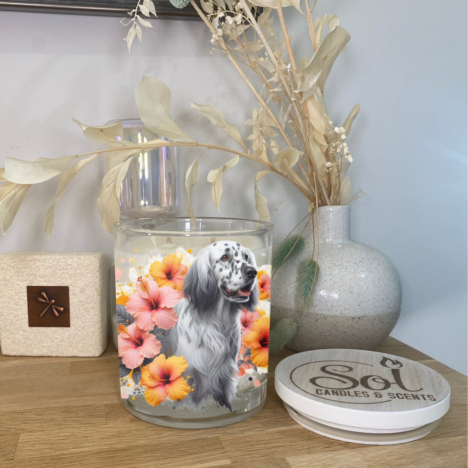 English Setter Dog Xlarge Candle_Hibiscus Flowers_Made in Queensland