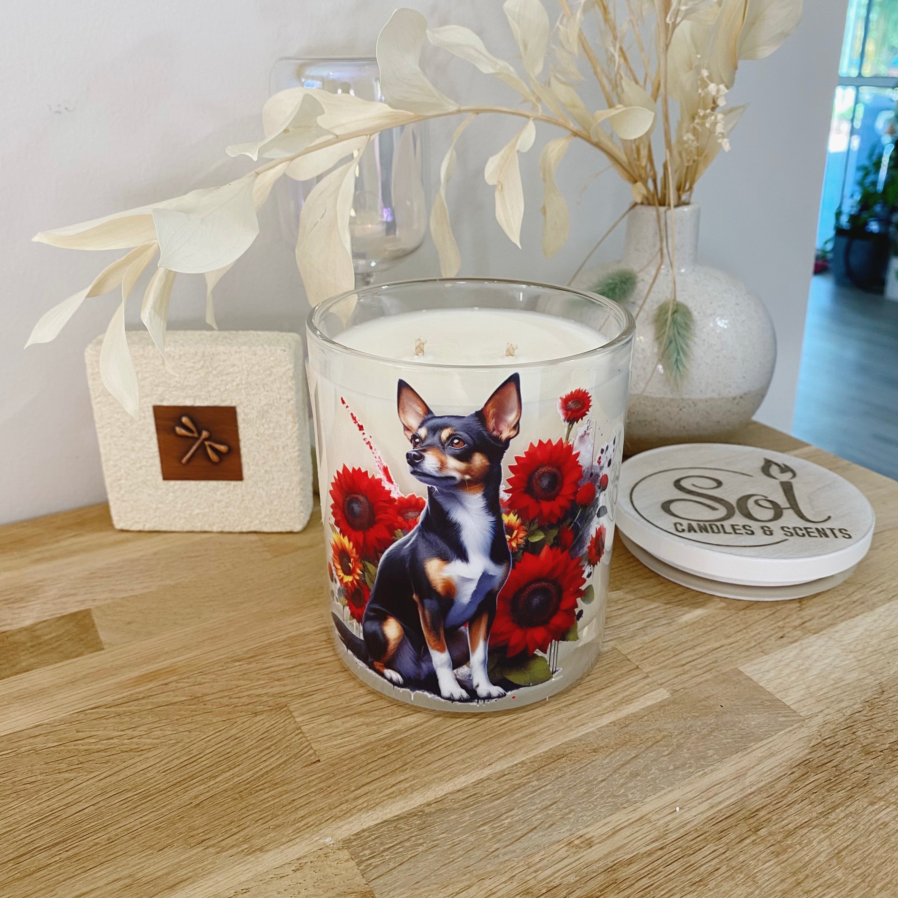 Soy Candle with a Foxie cross dog design, with &