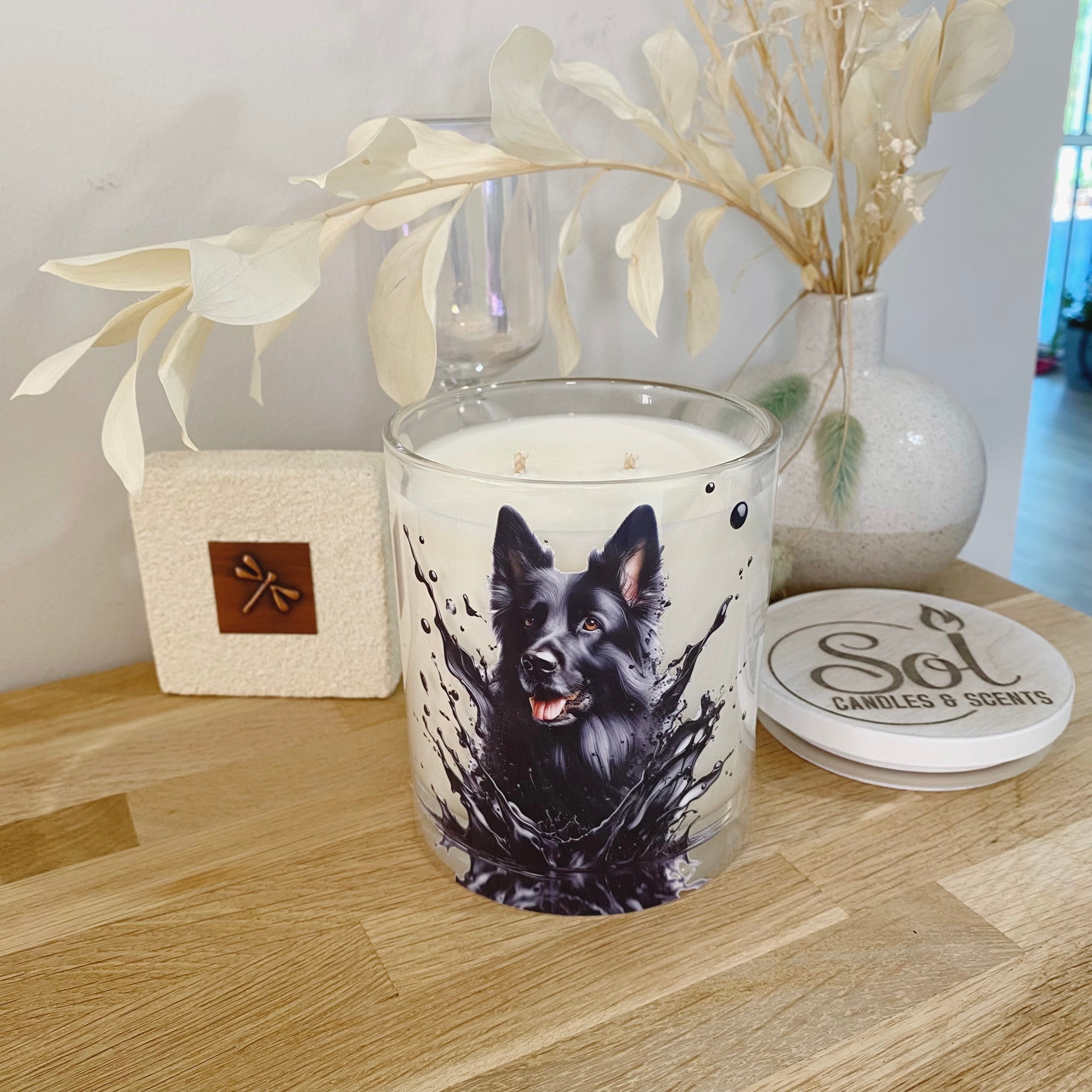 Xlarge candle featuring a German Shepherd with a black ink splash design, perfect for dog lovers and home decor.