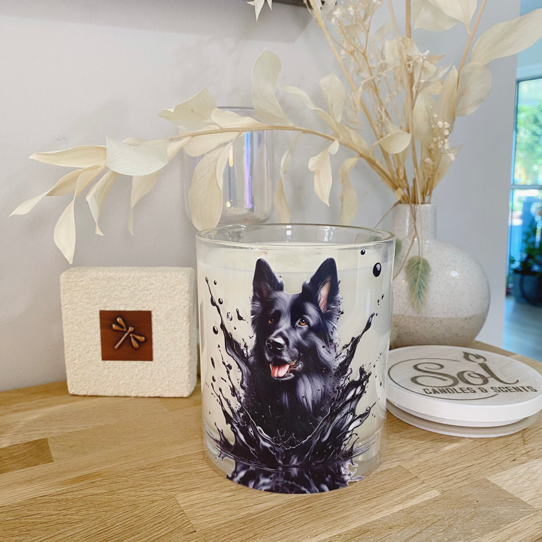 Glass candle with a Black German Shepherd dog design, Wooden Candle Lid