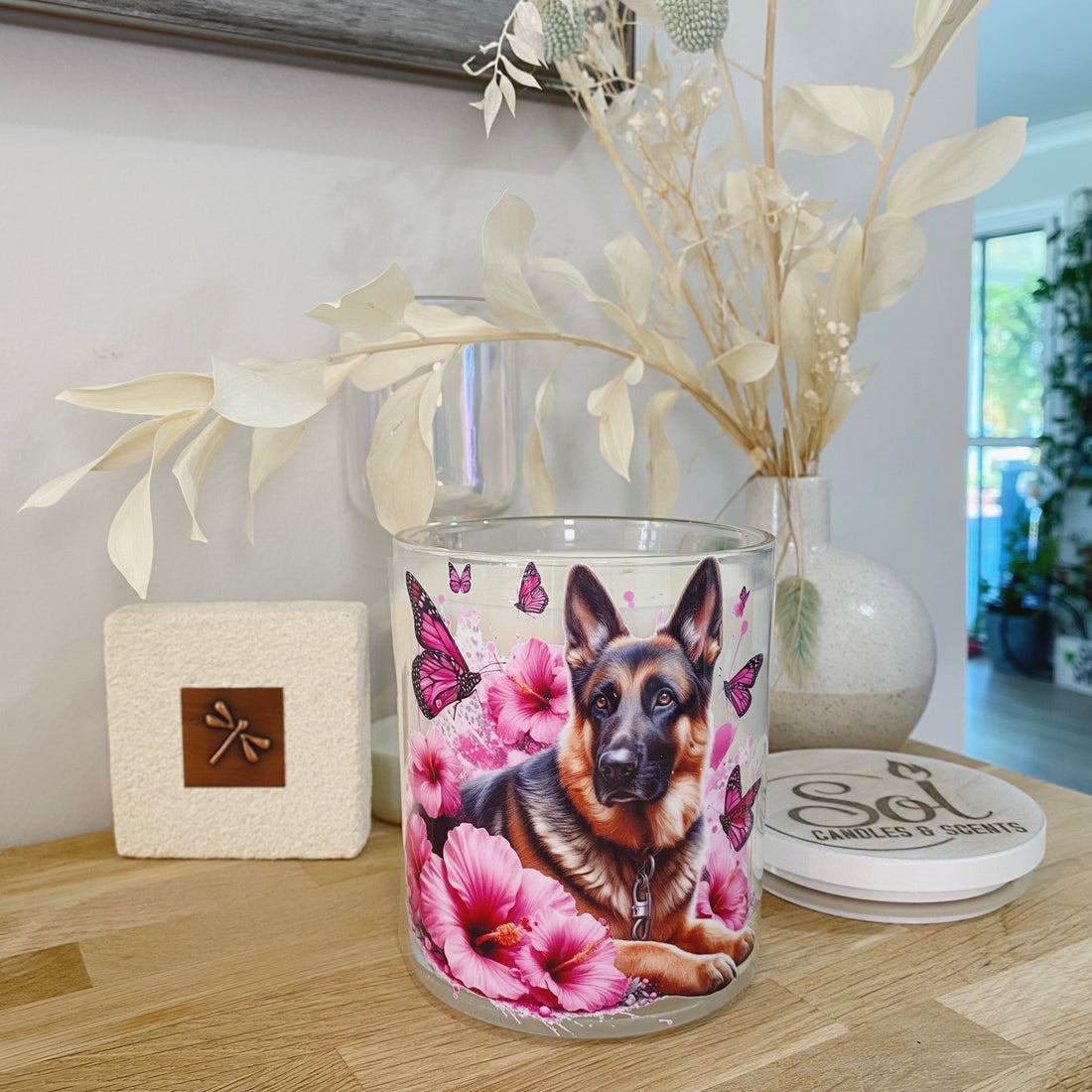 German Shepherd Laying Down Pink Xlarge Candle