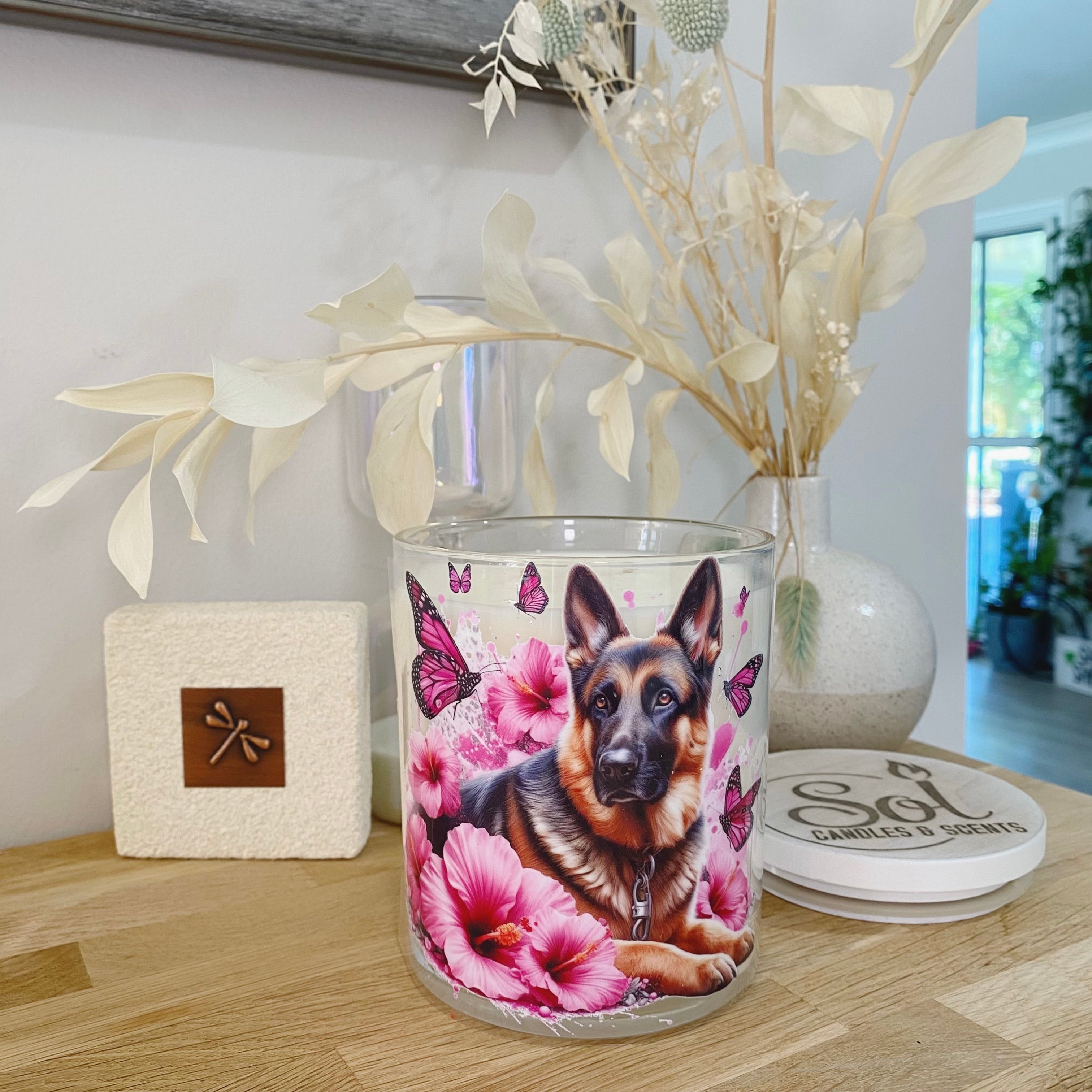German Shepherd Laying Down Pink Xlarge Candle