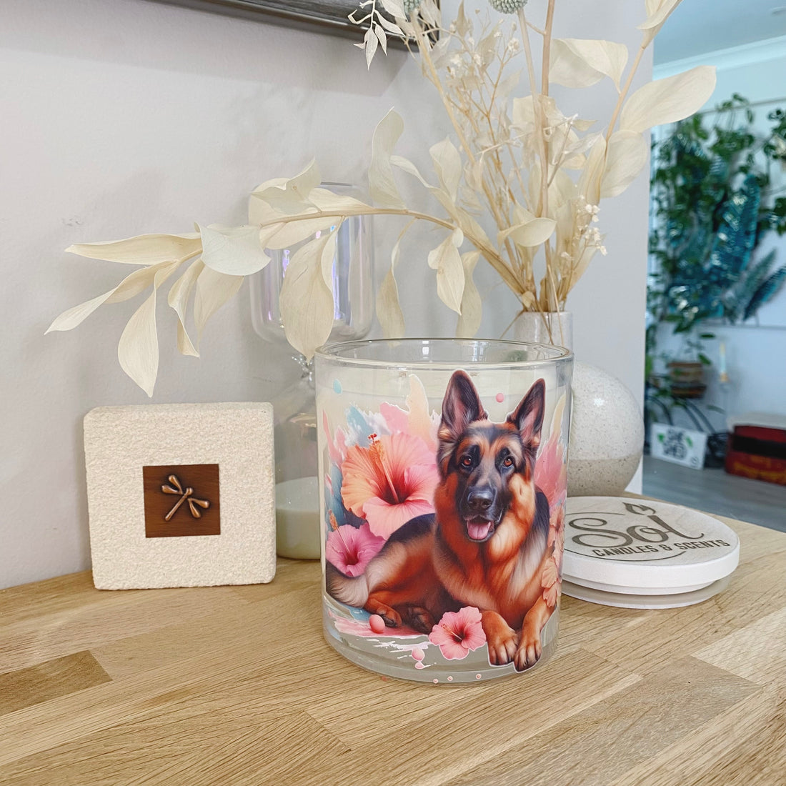 German Shepherd Peach Hibiscus Xlarge Candle